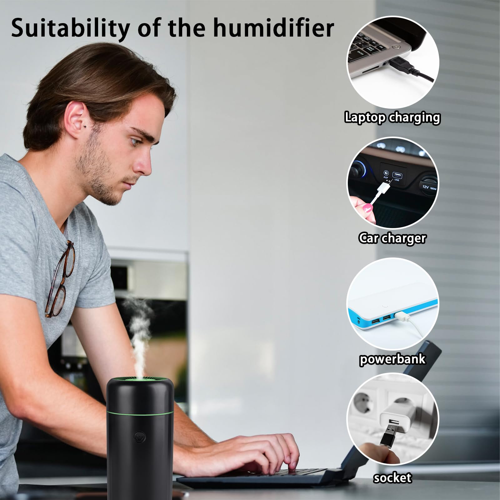 Diffuseur d'arômes pour Voiture, 2 Modes De Diffuseur d'aromathérapie pour huiles essentielles avec 7 LED Lumières Changeantes De Couleur, Diffuseur Voiture Rechargeable avec Interface USB