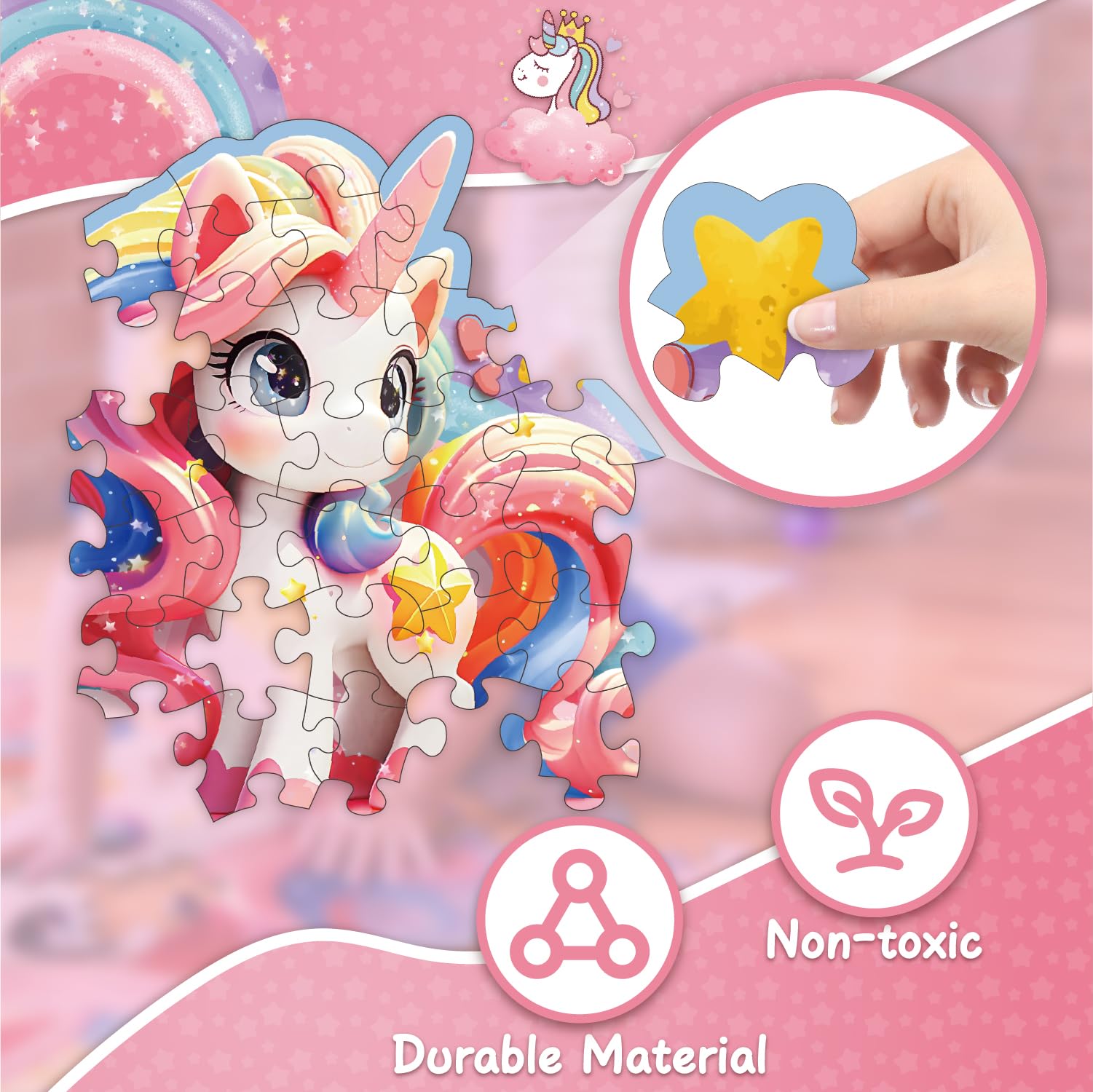 Kiztoys Puzzle de suelo de unicornio para niñas - Regalos de unicornio para niños 3 4 5 6 7 8 años 45 piezas grandes bonitos rompecabezas rosa juguete a partir de 3 – 8 años