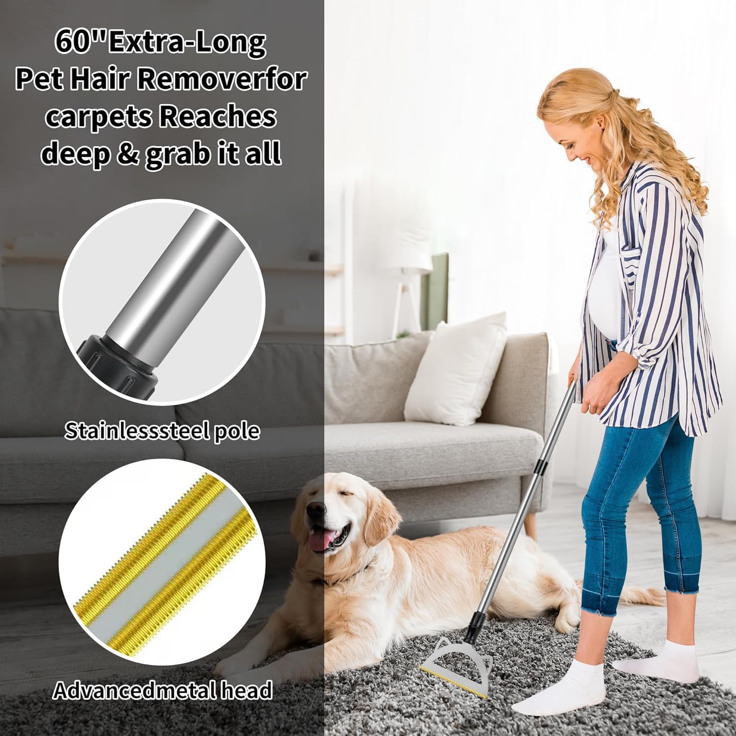 HGYZE Carpet rake for pet Hair Removal Adjustable Long Handle Advanced Pet Hair Removal Tool Reusable Dog Cat Hair Remover,Pet Hair Removal Broom (60 inch-4 adjustable lengths) - Image 3