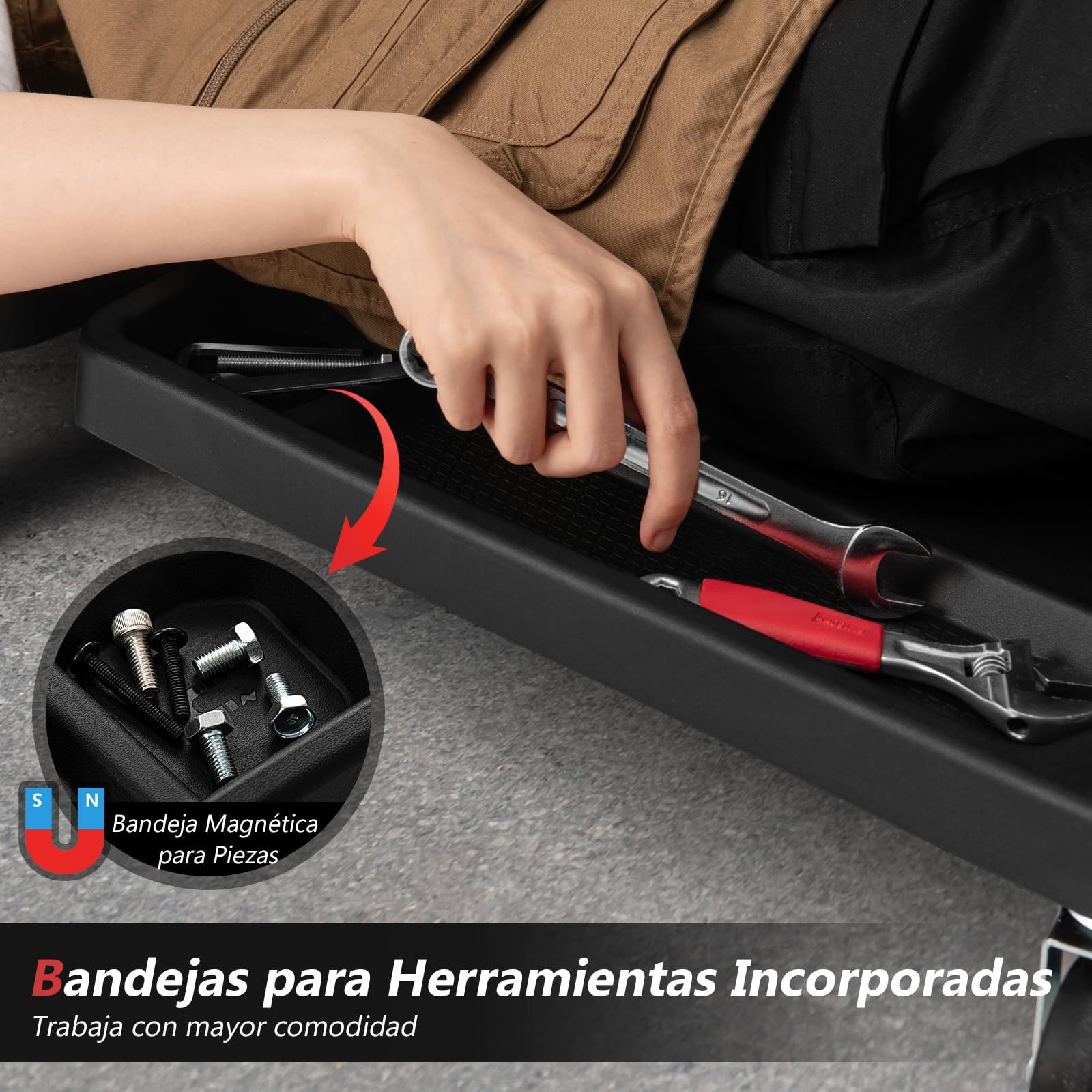 GOPLUS Camilla de Visita Plegable para Mecánicos con 6 Ruedas Giratorias, Tablero con Ruedas y Reposacabezas, Bandejas para Herramientas, Carga de 150 kg, para Garaje, Taller y Reparaciones