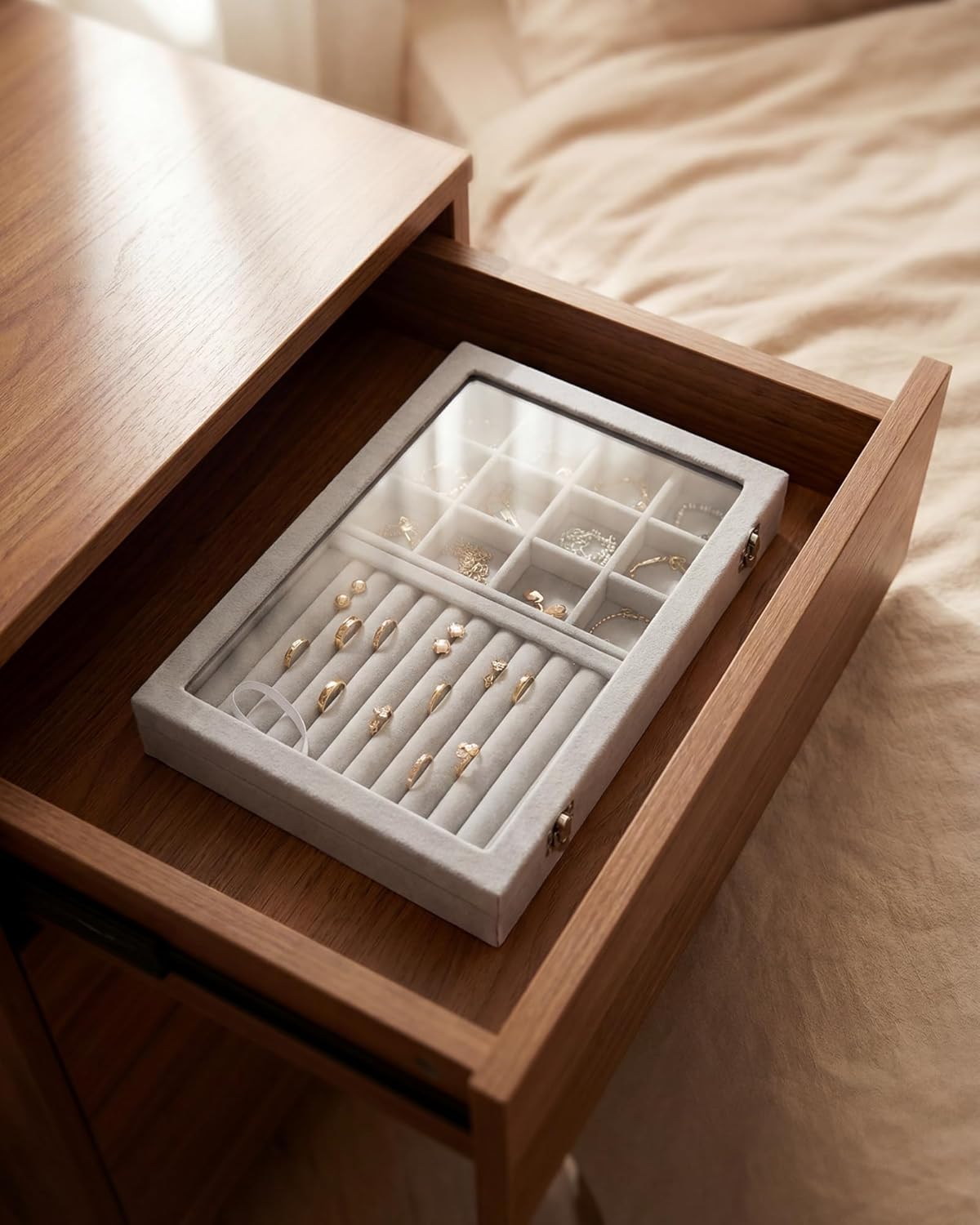 Jewelry Tray with Glass Lid,13.8" x 9.5" x 2" Velvet Jewelry Organizer Box, Adjustable Earring Storage Organizer, Drawer Ring Organizer, Gift for Women Girls (Gray)