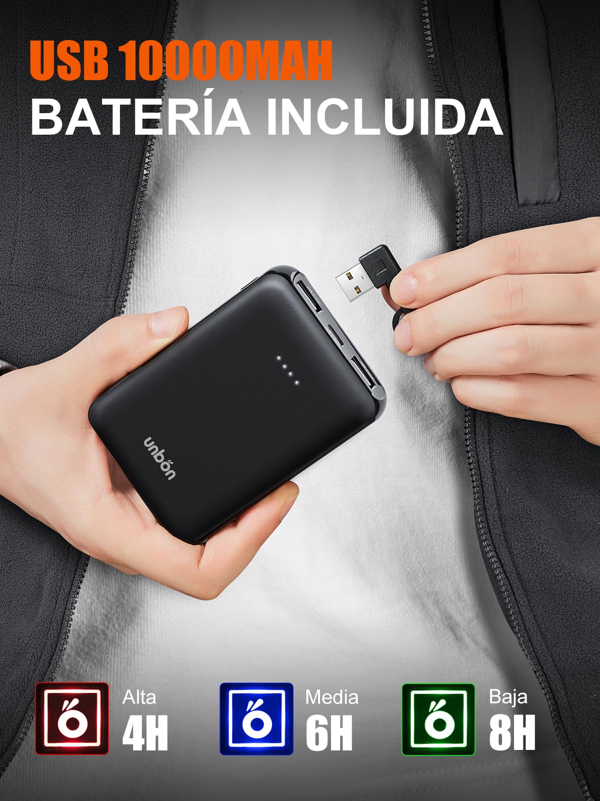 UNBON Chaleco Calefactable Hombre con Batería USB 10000mAh, Chaleco Térmico Eléctrico Polar, Chalecos Calefactor Hombre con 3 Temperaturas 6 Zonas Calefactables para Moto Caza Trabajo, Gris, 3XL