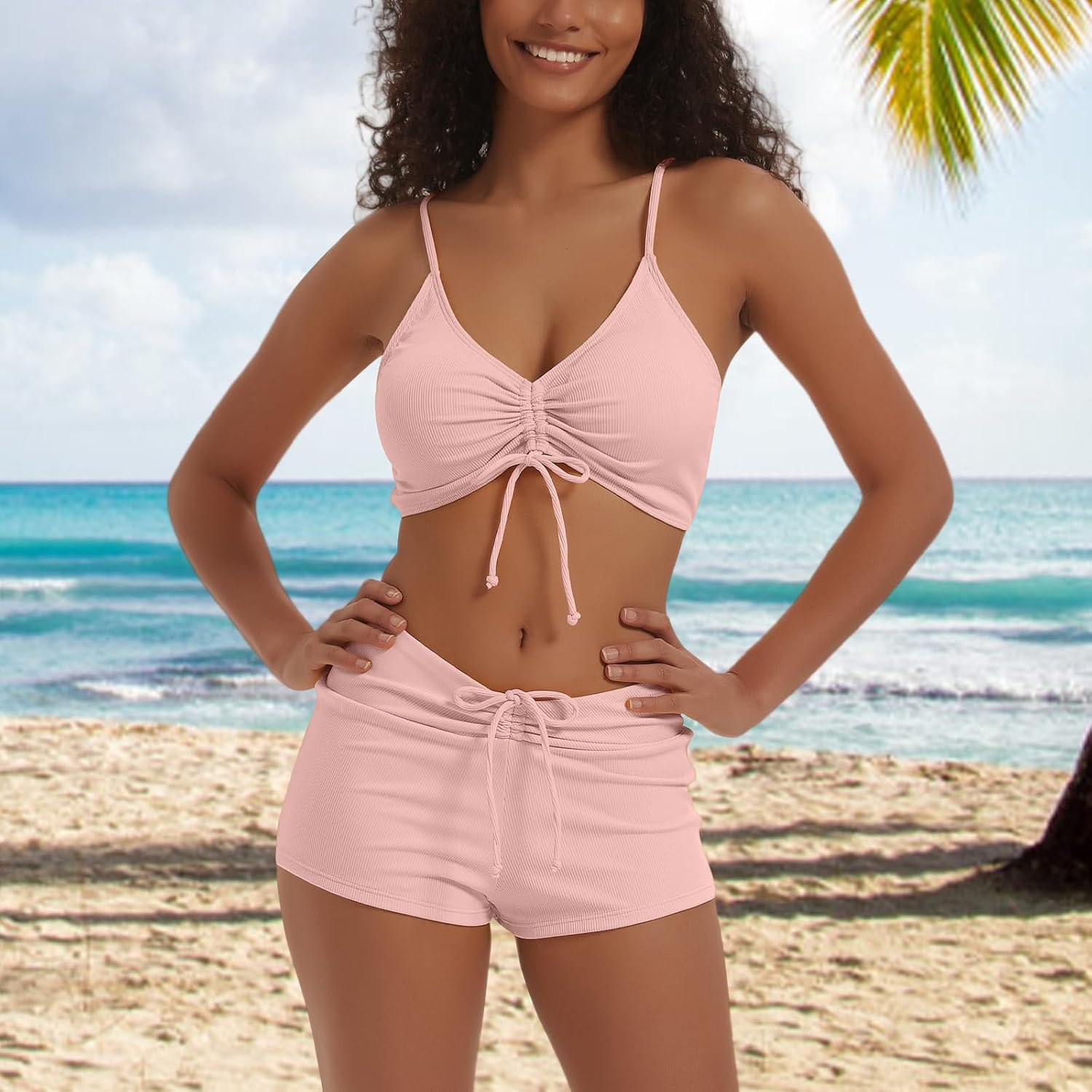 meioro Solid Swimsuit for Women Tie Front Shorts Bikini Two Piece Swimwear Athletic Bathing Suits High Waist Swimming Suit