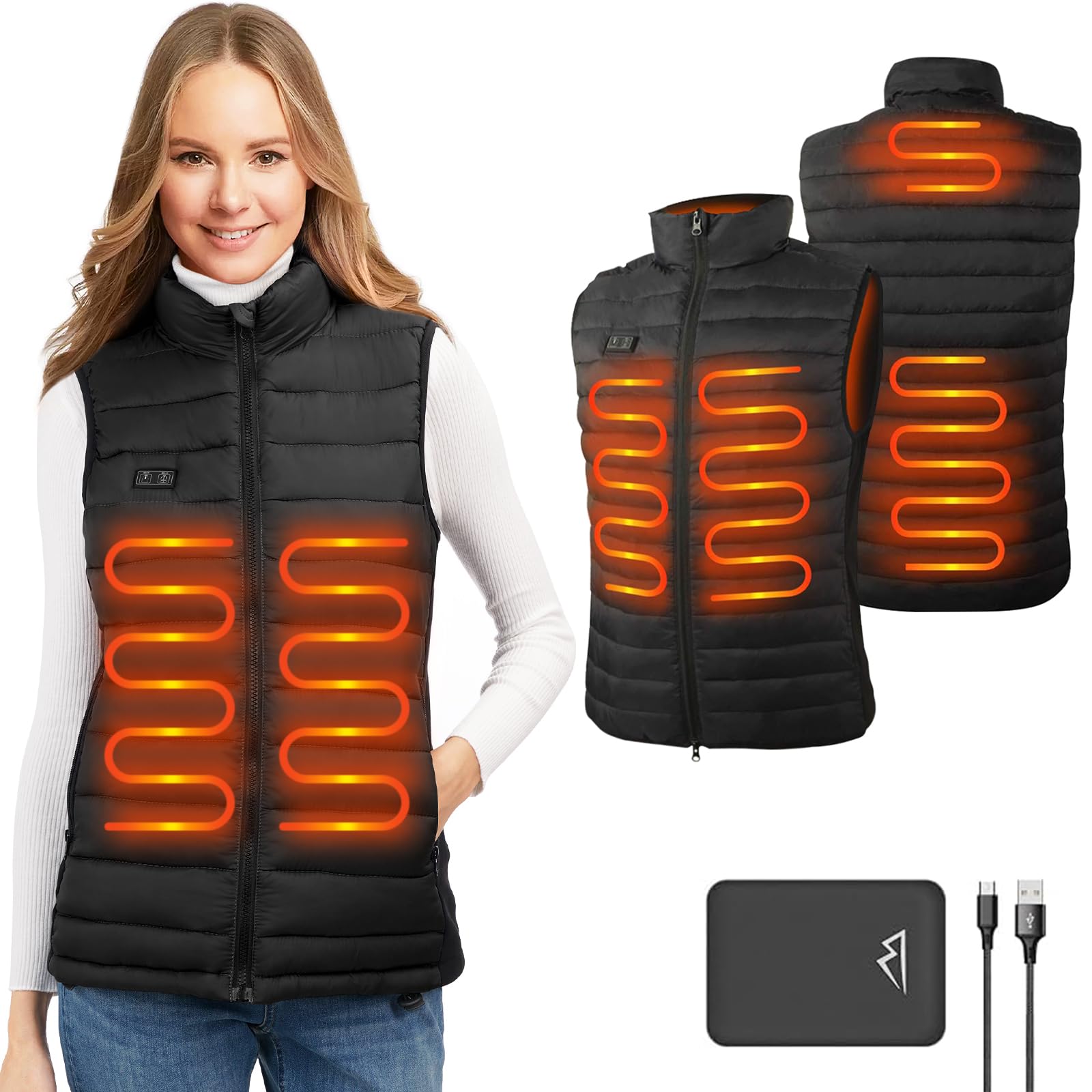 seenlast Heated gilet for Women,Heated Vest with 10000mAh Battery Pack,Lightweight Thermal Body Warmer, Slim Fit Electric Rechargeable Heated Jacket for Camping, Motorcycle, Skiing, Hunting