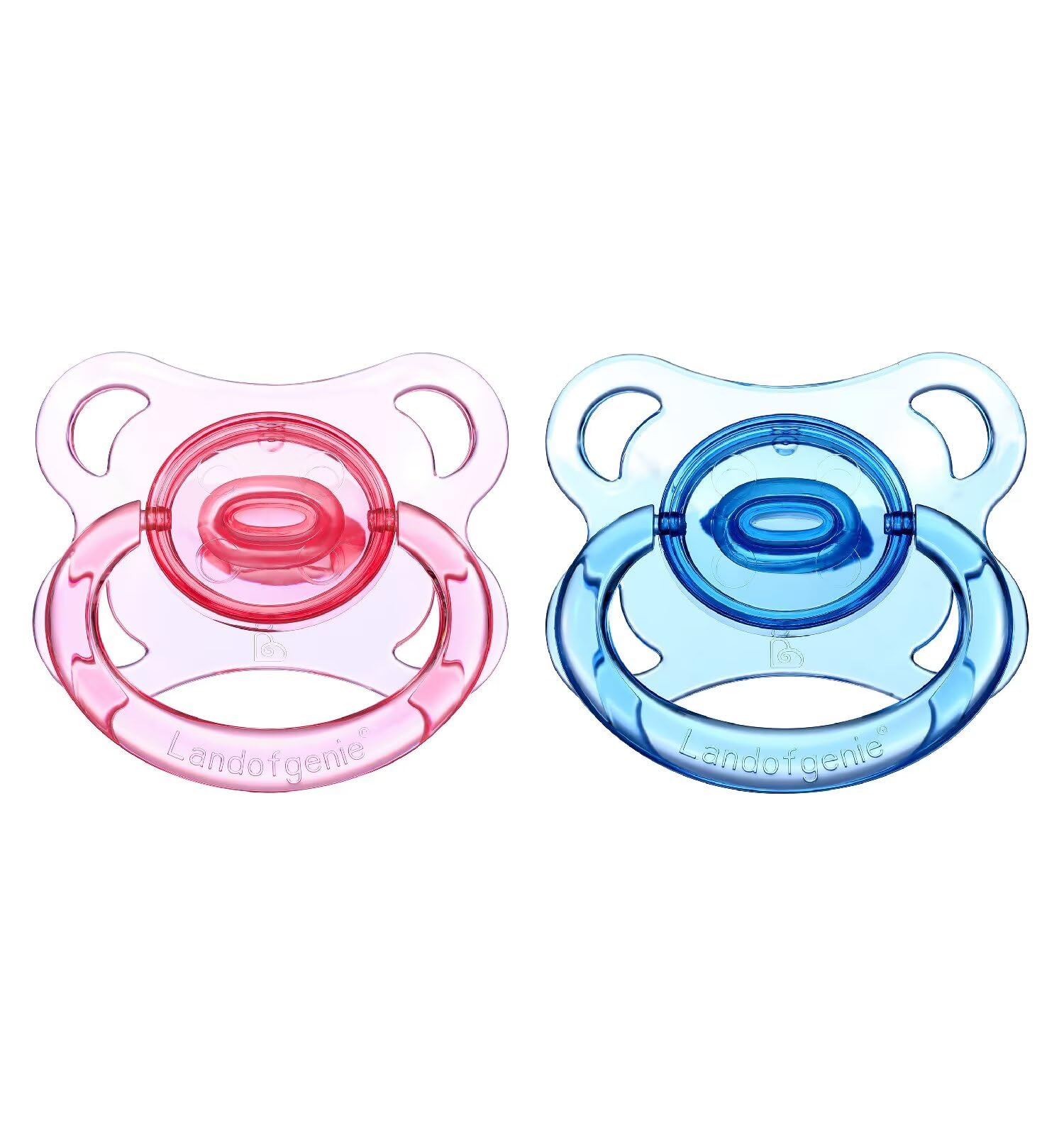Landofgenie Adult Silicone Pacifier 2-Piece Set - Large Transparent Shield Comfortable for Stress Relief, Moon-Shaped, Blue + Pink