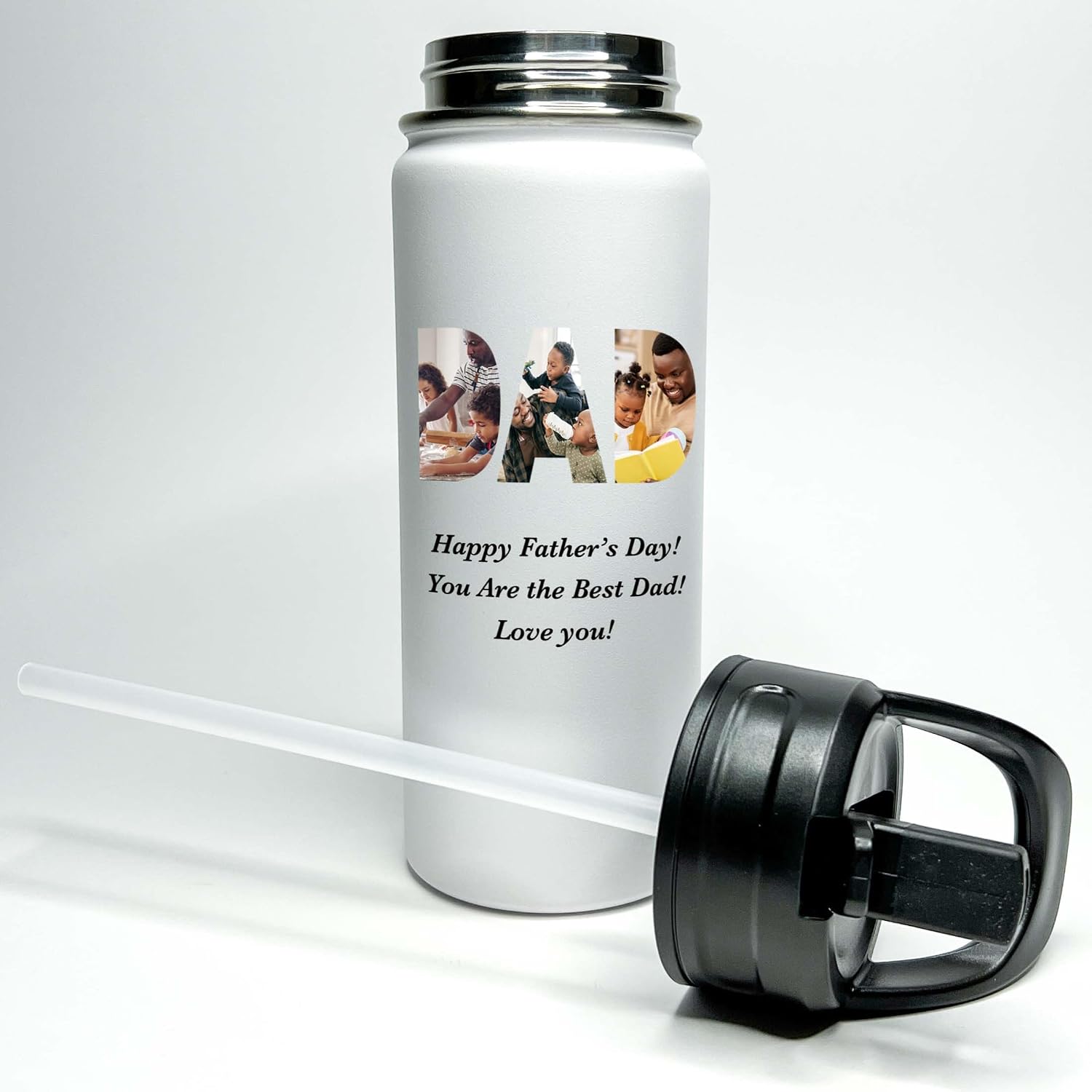 Personalized Stainless Steel Sports Hydro Water Bottle, with Vacuum-insulated, 18 or 32 ounce Size Choice, Keeps Liquids Pipping Hot or Icy Cold! (Straw or Mouthtop) Photos in DAD Letters and Name.
