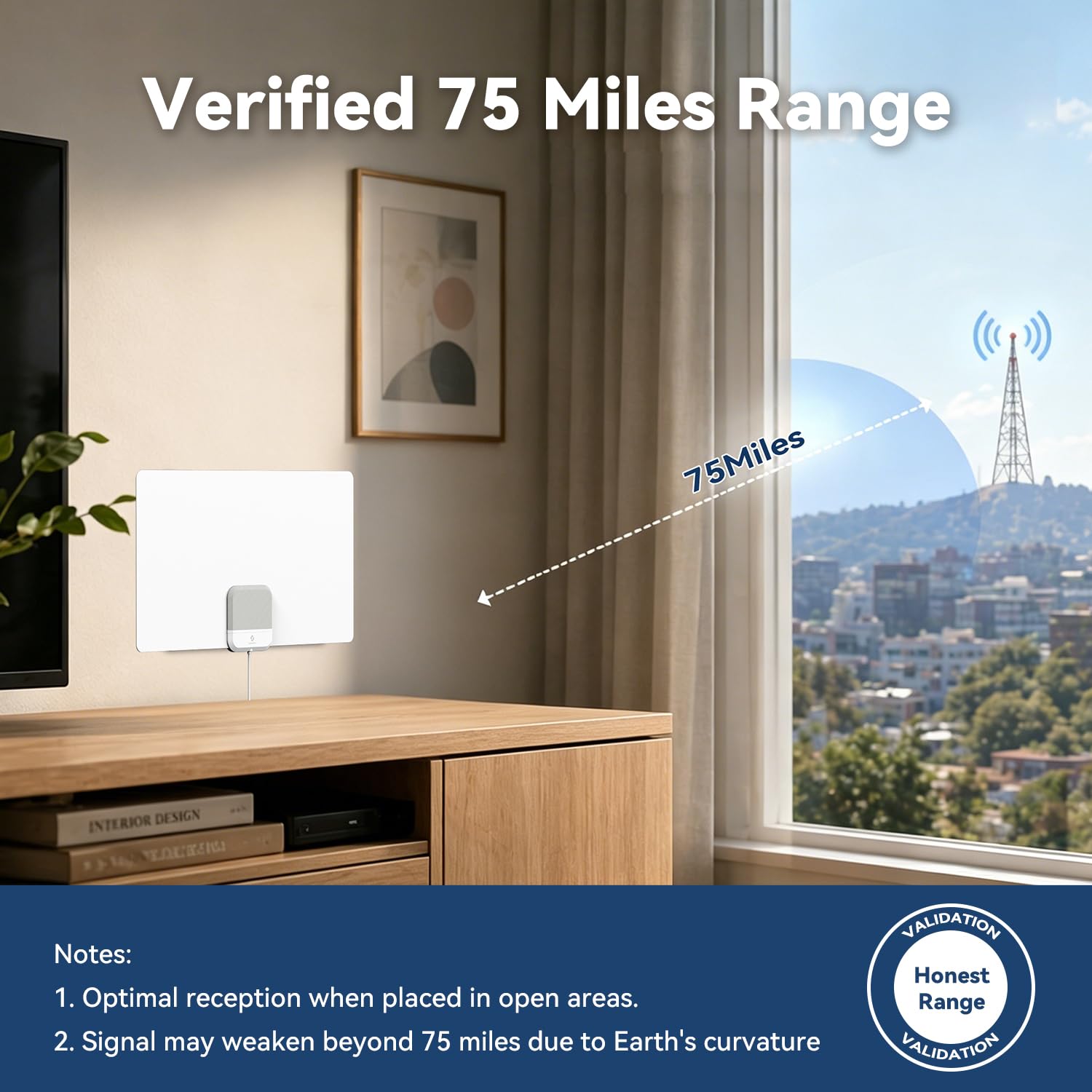 Antena de TV para interiores 2026, antena HDTV amplificada con recepción de 75 millas, cable de 16 pies, amplificador de señal USB, ATSC 3.0, Smart TV 4K 1080p, VHF UHF, ultra delgada, canales locales