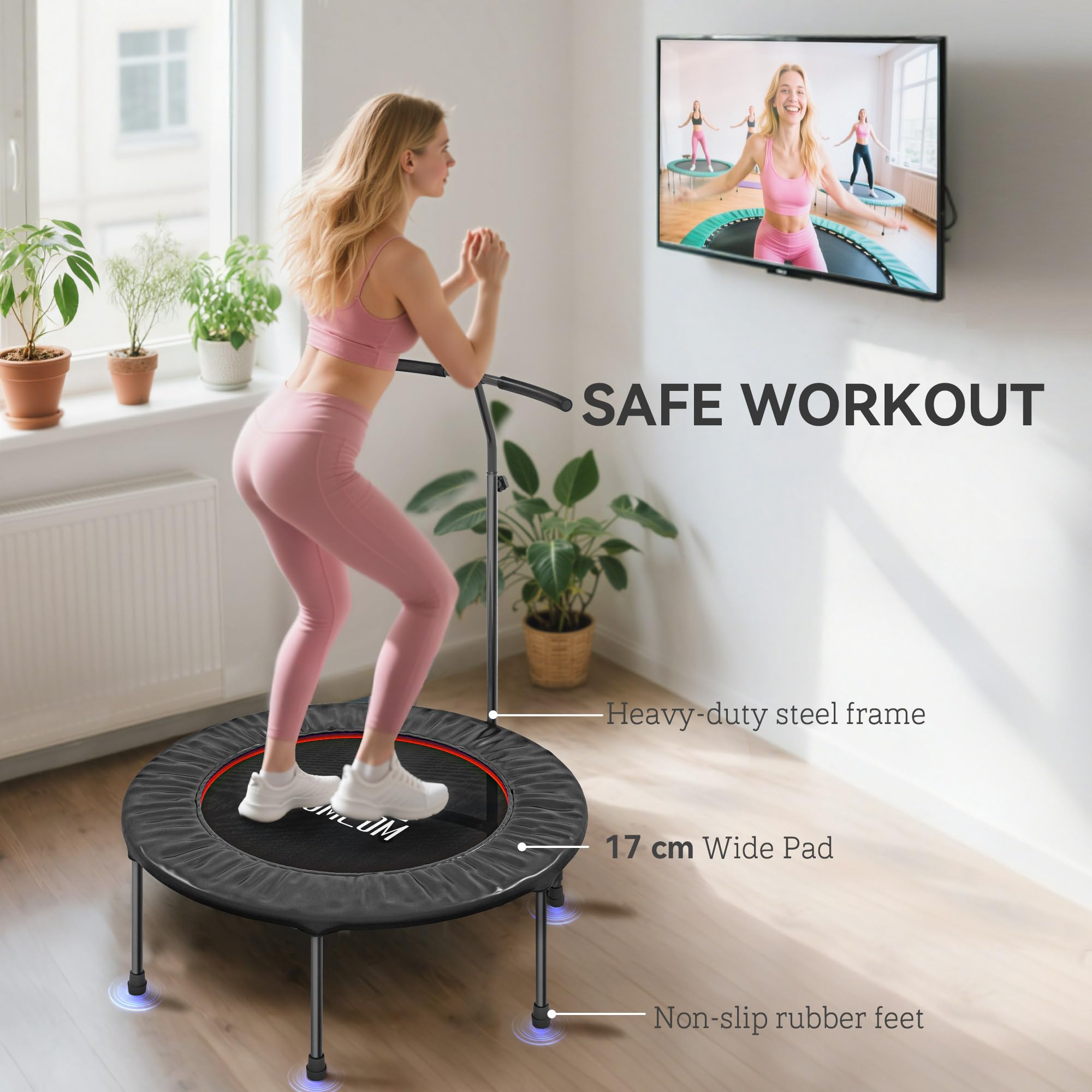 HOMCOM 40" Trampolina Fitness Rebounder z regulowanym uchwytem, czarny | Mini Trampolina, Rebounder z bungee, dla dorosłych, ćwiczenia w pomieszczeniu