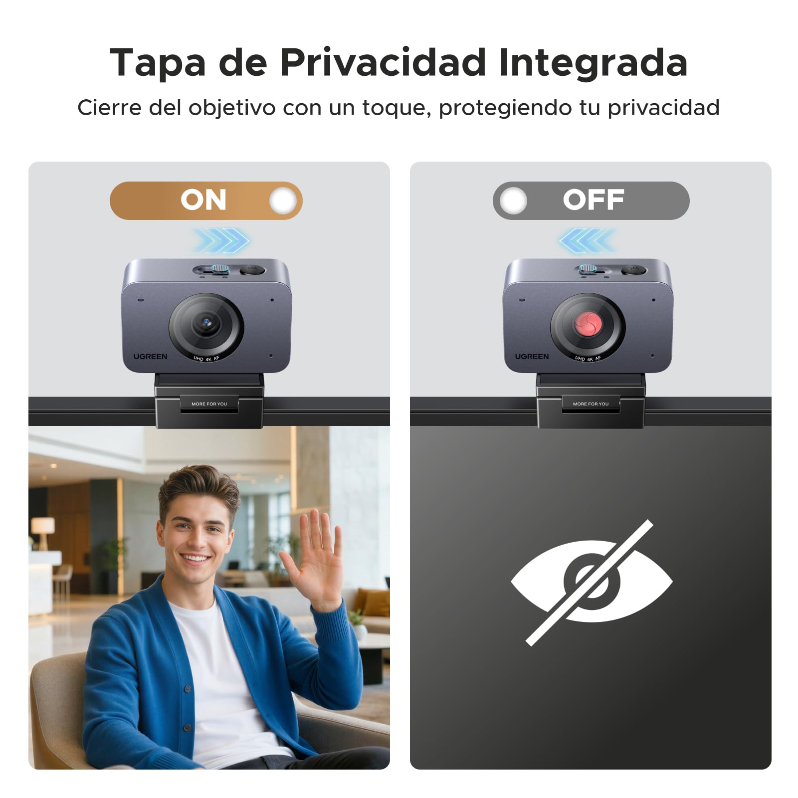 UGREEN FineCam 4K Webcam 30FPS Cámara USB A C Enfoque Auto Trípode Metálico Doble Micrófono Anti Ruido Face Ae Cambio Vertical Horizontal para Windows MacOS Linux Streaming Youtube Skype Appel Zoom
