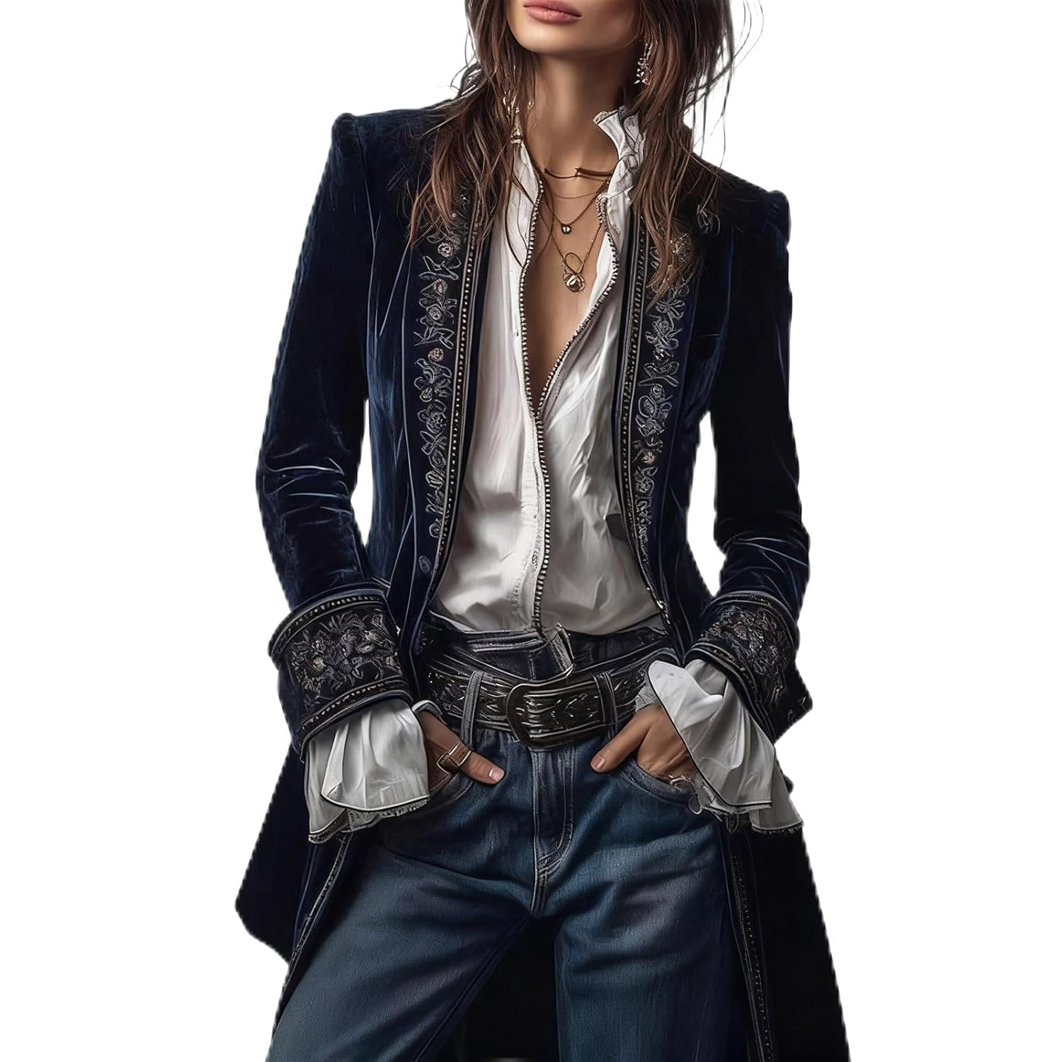 Womens Vintage Embroidered Velvet Blazers Open Front Long Cardigan Suit Jackets Sports Coat Flowy Outerwear