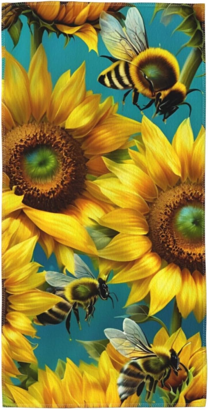 Sunflower Bees Print Hand Towels for Kitchen, Decorative Bathroom Towels Decor Farmhouse Cute for Men Women Gifts