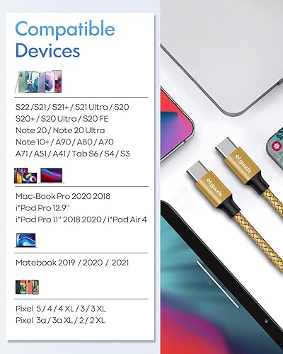 Miniatura 7 de etguuds Cable USB C a USB C largo dorado de 10 pies, paquete de 2, cable USBC a USBC de 60 W, cable de carga tipo C a C, carga rápida para iPhone 15