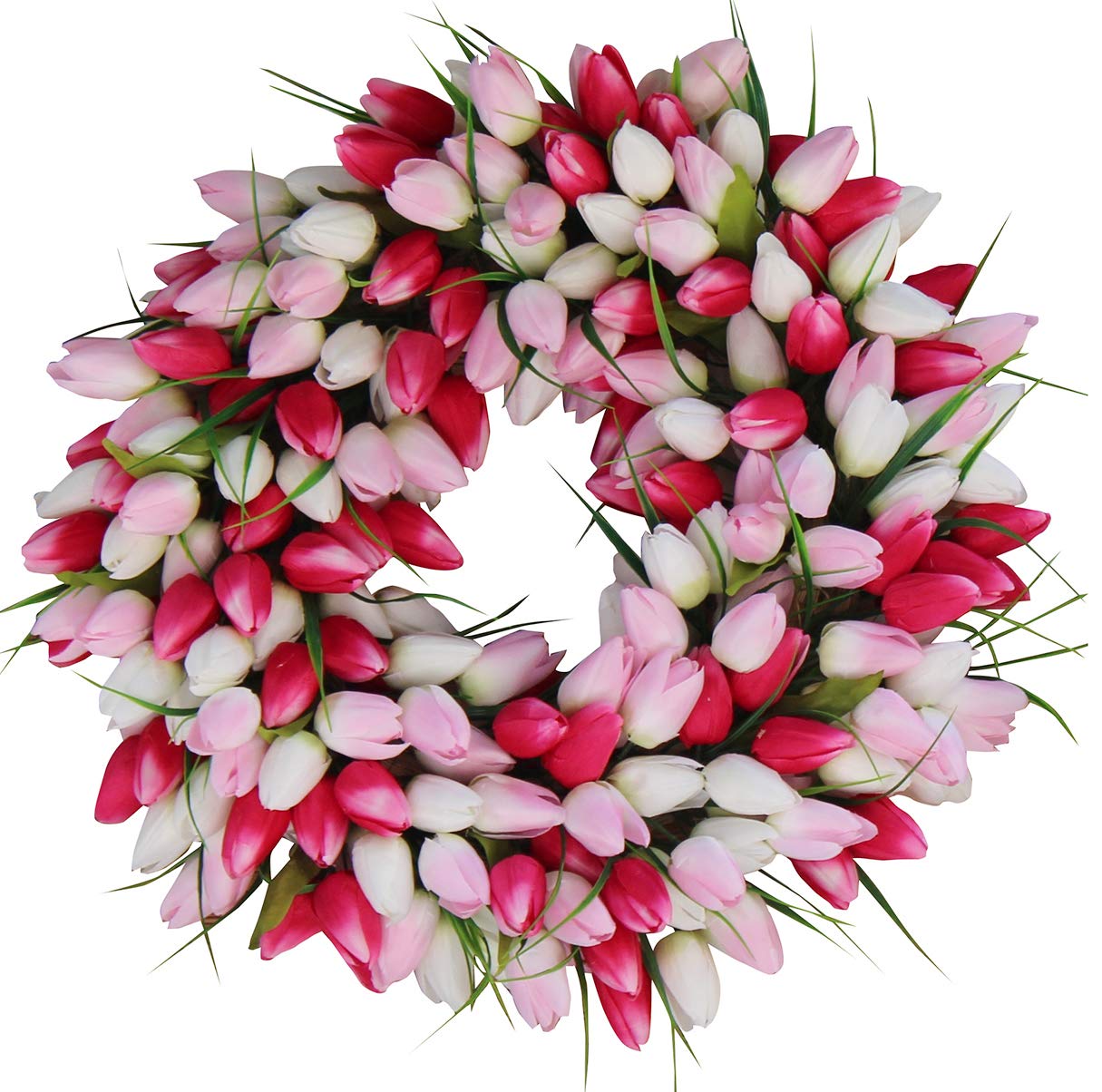 The Wreath Depot Pink and White Tulip Front Door Wreath, 19 Inch, Stunning Silk Front Door Wreath, Valentines Day Wreath, Extremely Full Design, Beautiful White Gift Box Included