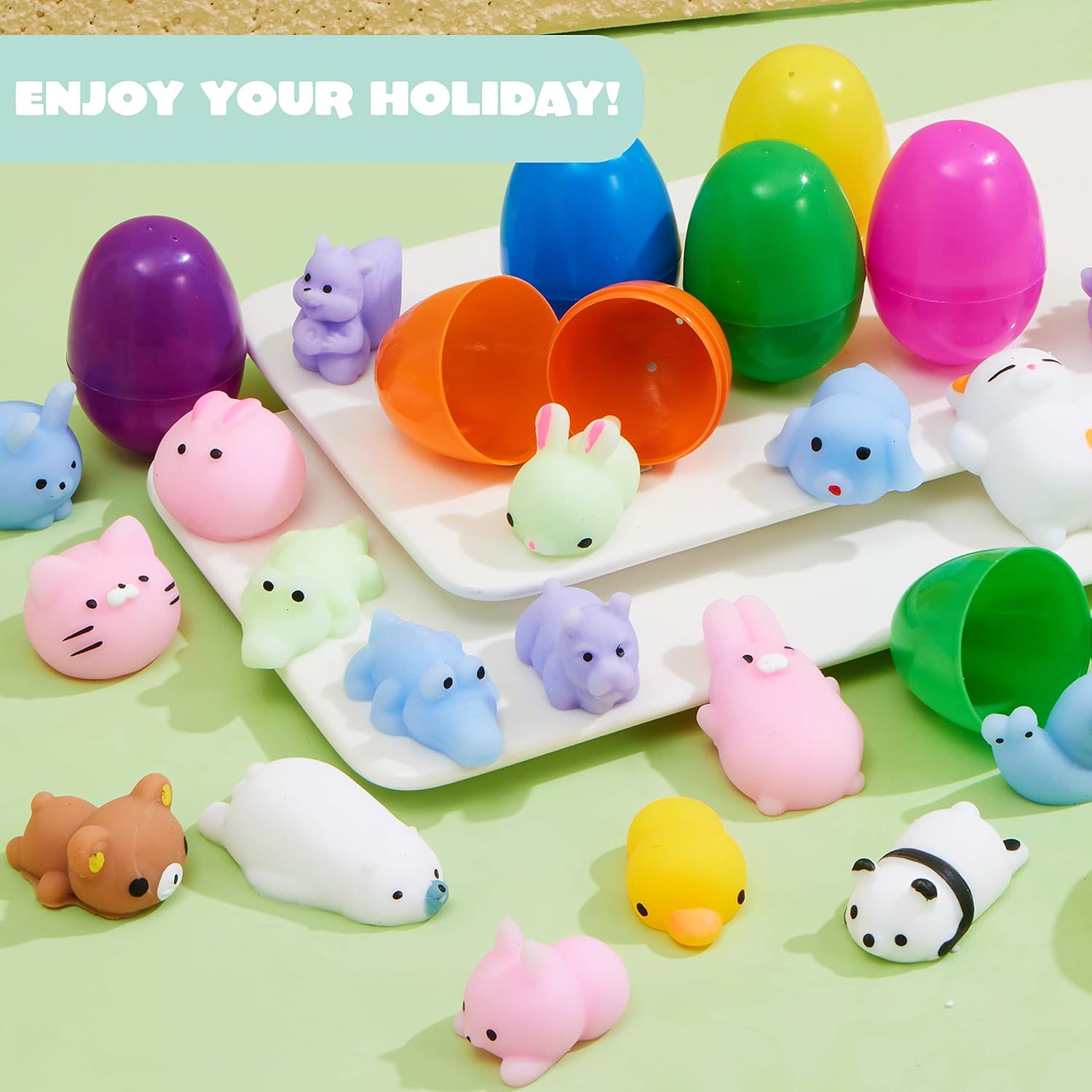 JOYIN 72 Pcs Easter Prefilled Eggs with Mochi Squishy Toys, Kawaii Stress Reliever Squishy Toy for Easter Egg Hunt, Kids Party Favor, Basket Stuffers, Goodie Bag Fillers, Classroom Prize Supplies