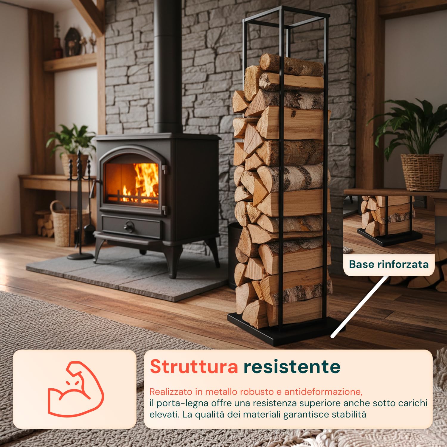 Avilia – Portalegna da Interno in Metallo 33×33×115 cm per Camino e Stufa, Design Verticale Salvaspazio, Facile da Montare e Ultra-Resistente, Ideale per Riporre Legna da Ardere