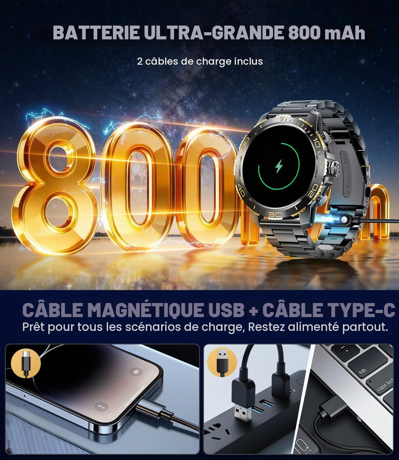 FITFLEX Montre Connectée Homme avec Batterie 800 mAh, 1.43" HD AMOLED Smartwatch Homme avec Appel Bluetooth/120+ Sportifs/Sommeil/Lampe de Poche, Etanche IP68, Fitness Montre iOS Android