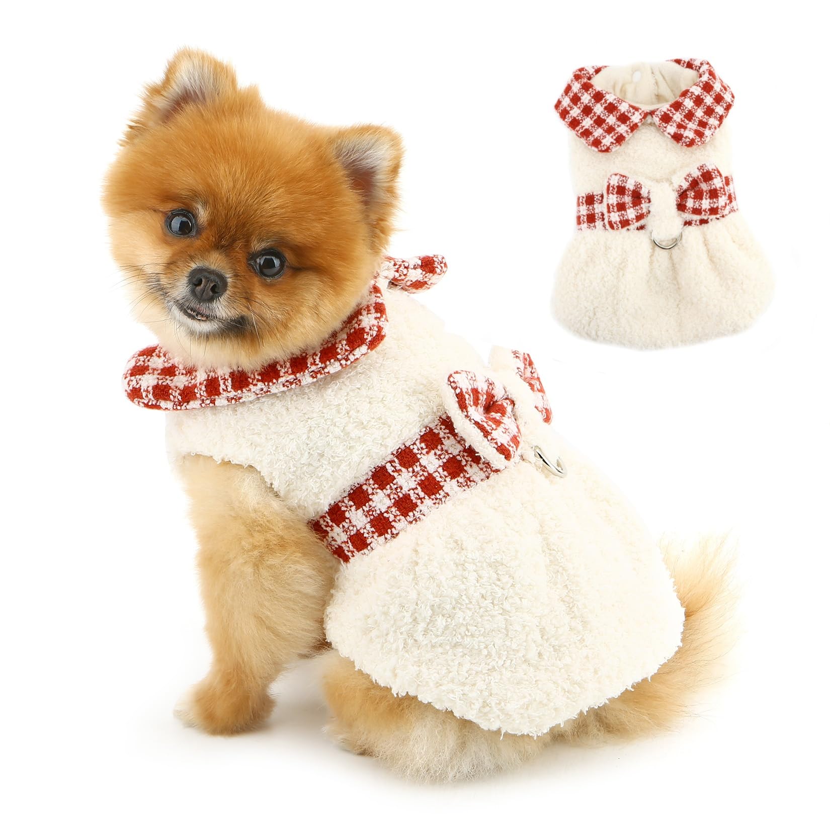 PAIDEFUL Plaid Tweed Fleece Dog Dress for Small Dogs, Cosy Sleeveless Winter Jacket with Bow and Lead Ring, Soft Thermal Pet Outfit for Chihuahua Yorkie Cat Cold Weather Apparel,L