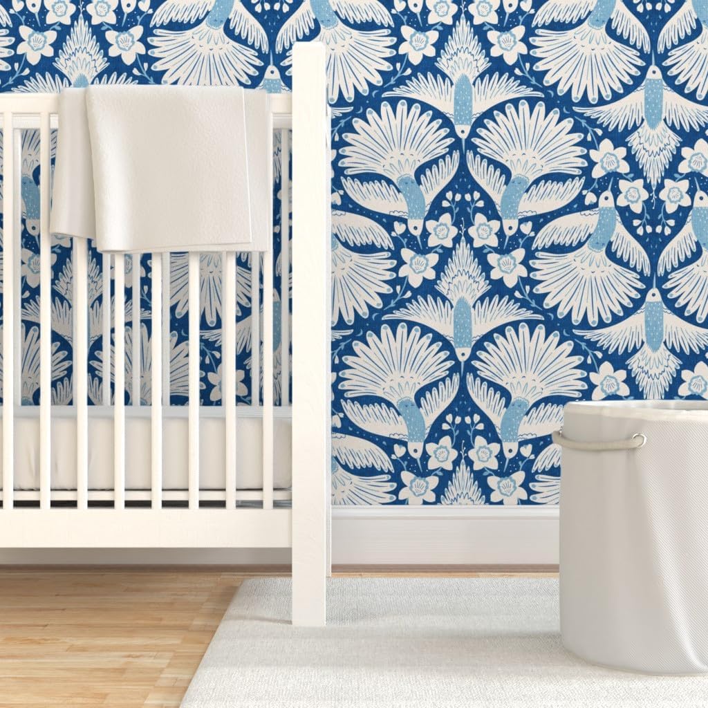 Peel & Stick Wallpaper 12ft x 2ft - Blue Bird Hummingbirds Pollinators Orchid Flowers Botanical Custom Removable Wallpaper by Spoonflower