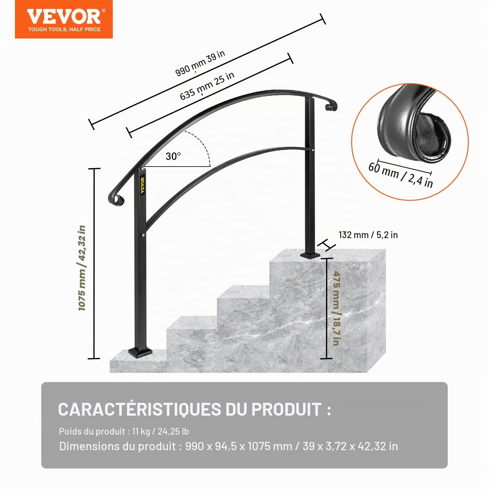 Happybuy Rampe d’escalier Main courante de Transition pour 3 marches noir