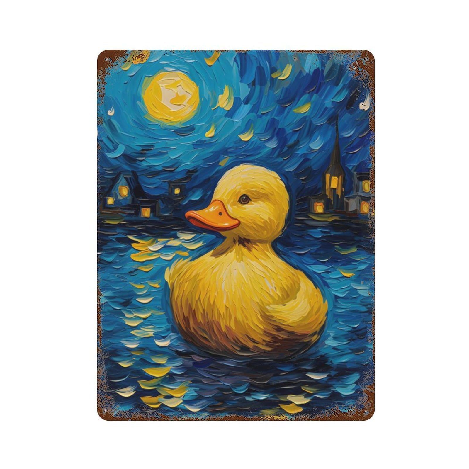 The Starry Night Duck Rust Effect Tin Sign 15.7"x11.8", Rustic Home Decor for Garage, Bar And Workshop Decor