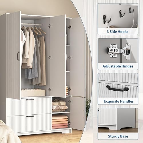 Miniatura 6 de Armario de 68.5 pulgadas con puerta de espejo, armario independiente moderno de 3 puertas de madera acanalada con 2 cajones y armario de