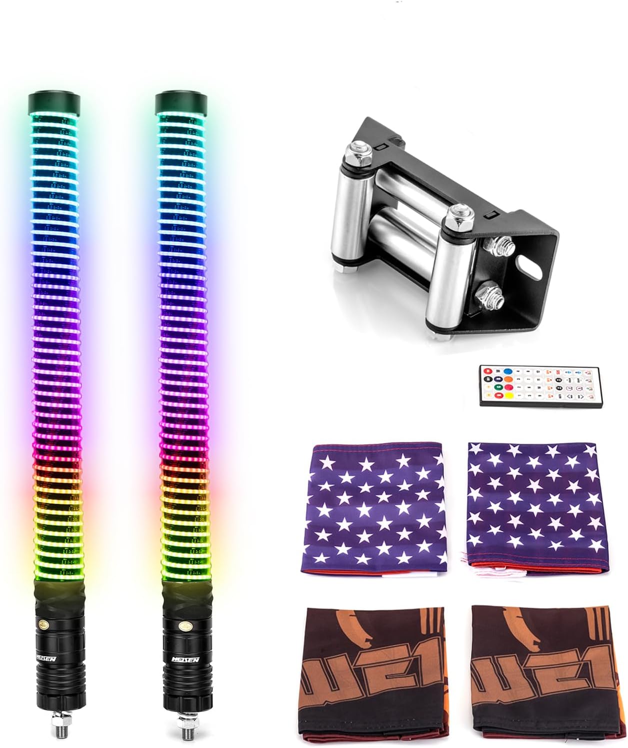 WeiSen 2PCS 2FT Fat COB Whip Light & 4 7/8" (124 MM) Winch Roller Fairlead fit 2000-3500 LBs Compatible with Polaris RZR Maverick X3 Talon UTV ATV