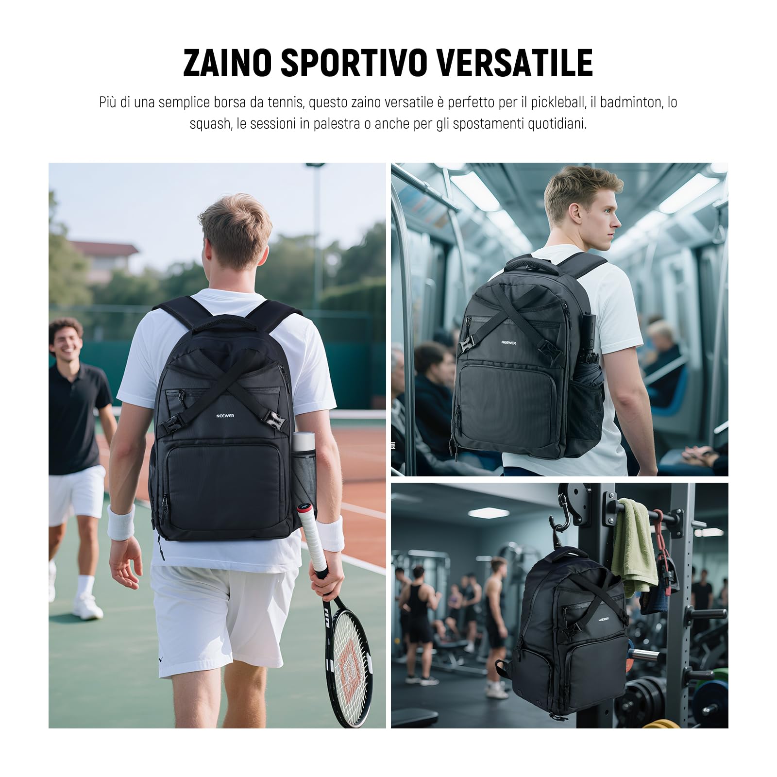 NEEWER Borsa Tennis per Uomo/Donna, Porta Fino a 2 Racchette, Zaino da Palline Tennis Pickleball in PU 1000D Impermeabile con Scomparto per Scarpe, Tasca Laterale, Tasche per Accessori, Gancio,TB02B