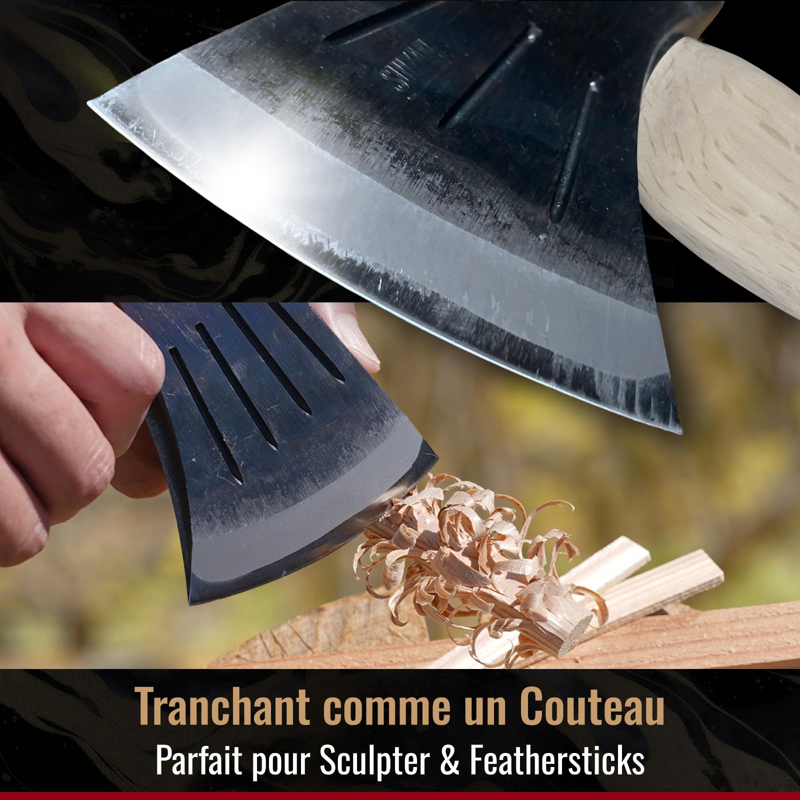 SUIZAN Hachette Japonaise 360mm - Hache à Main Camping Bushcraft Sculpture | Professionnelle Petite Forgé Artisanal Acier carbone Fendre Bois de chauffage Survie Plein air Cadeau Étui cuir Sanada-himo