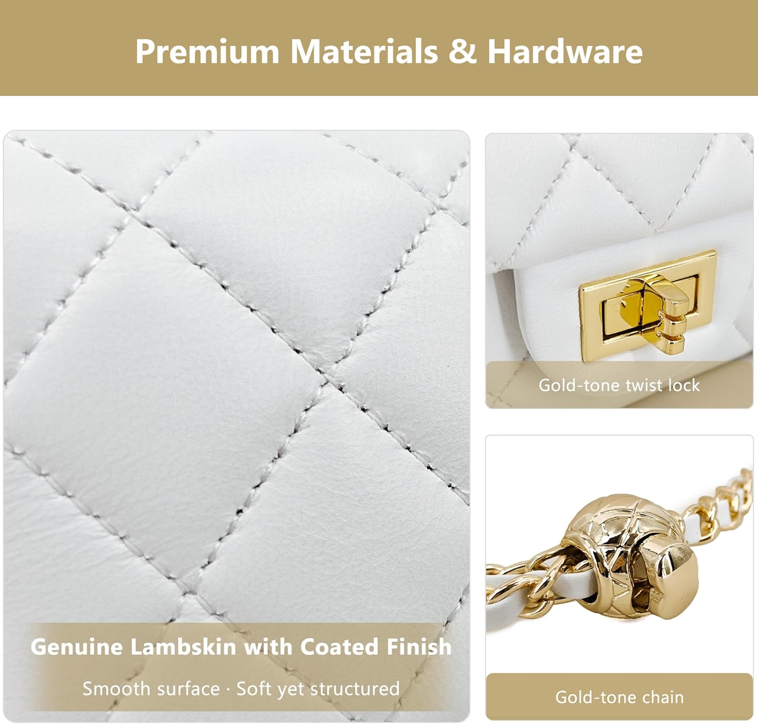 M-ioi-M Small Quilted Crossbody Bag for Women, Genuine Leather Mini Shoulder Flap Purse with Gold Chain Strap & Top Handle
