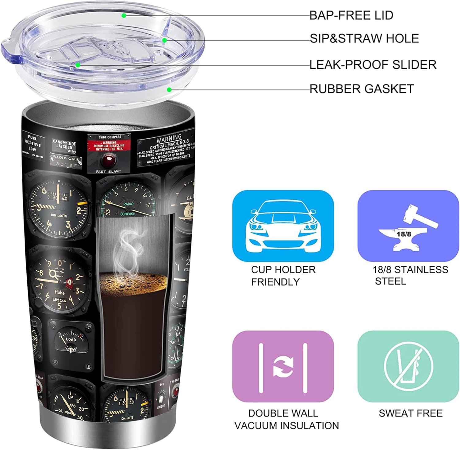 Pilot Gifts for Men Aviation Tumbler 20oz with Straw Lid, Airplane Aviation Gifts Coffee Travel Mugs for Aviators Son Dad Fathers Day Birthday Present Pilot Retirement Graduation Insulated Gift Cup - Image 5