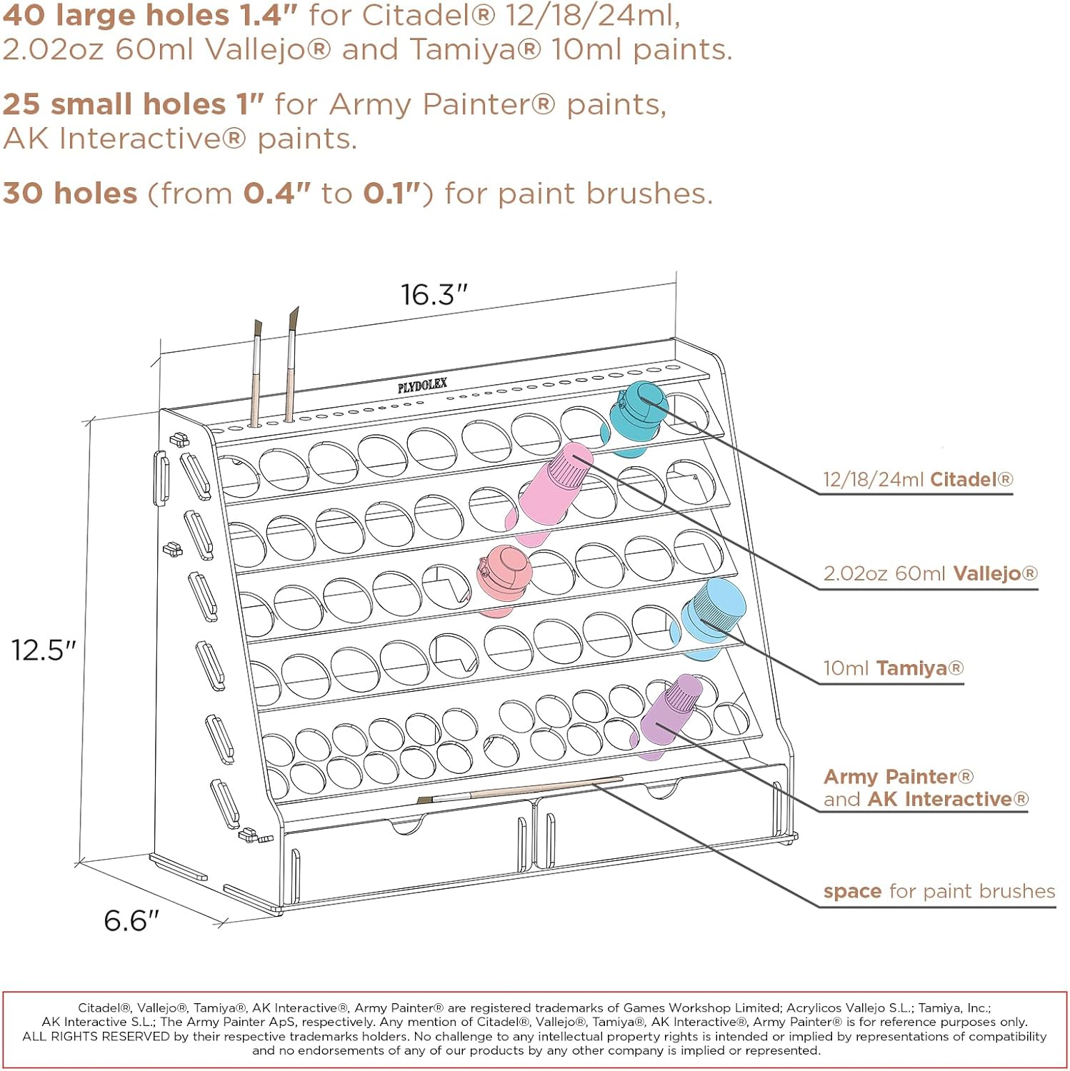 Plydolex Wall Paint Holder - Works for Warhammer 40K, DnD, Other Figurines - 65 Holes for Vallejo, Citadel, Tamiya, 30 Brush Holes, 2 Drawers, a Shelf, a Brush Tray - Plywood Rack for Wall and Desk