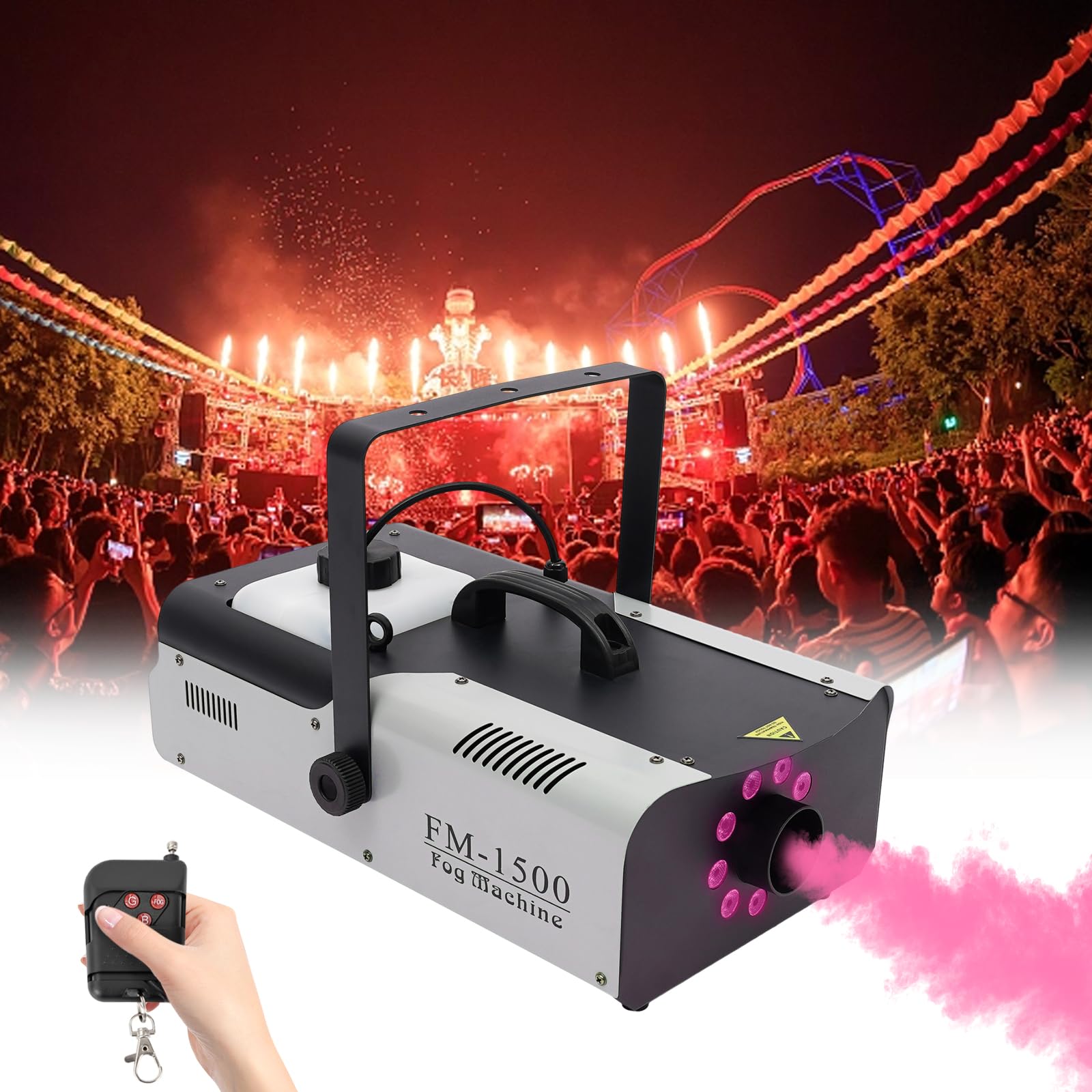Macchina fumo, 1500 W, 9 LED Light Smoke Machine con DMX512 e radiocomandati, distanza del telecomando 10-30 m, per concerti dal vivo, teatri, DJ feste, 45 x 29 x 17 cm