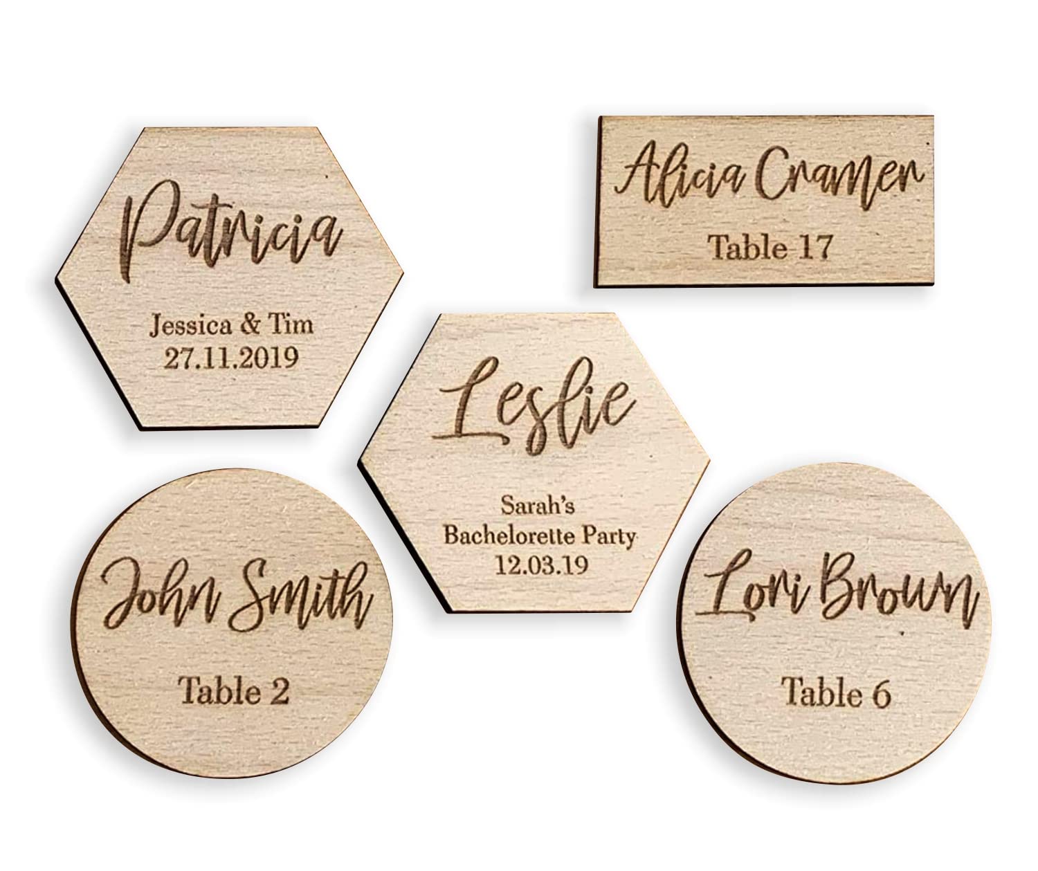 Marcasitios de boda, Nombres o texto grabado en madera, Decorativos Personalizados, Fiesta Evento Cumpleaños Tarjetas de mesa Lugar con Inscripción, etiquetas de regalo, Rectangular, hexágono, redondo