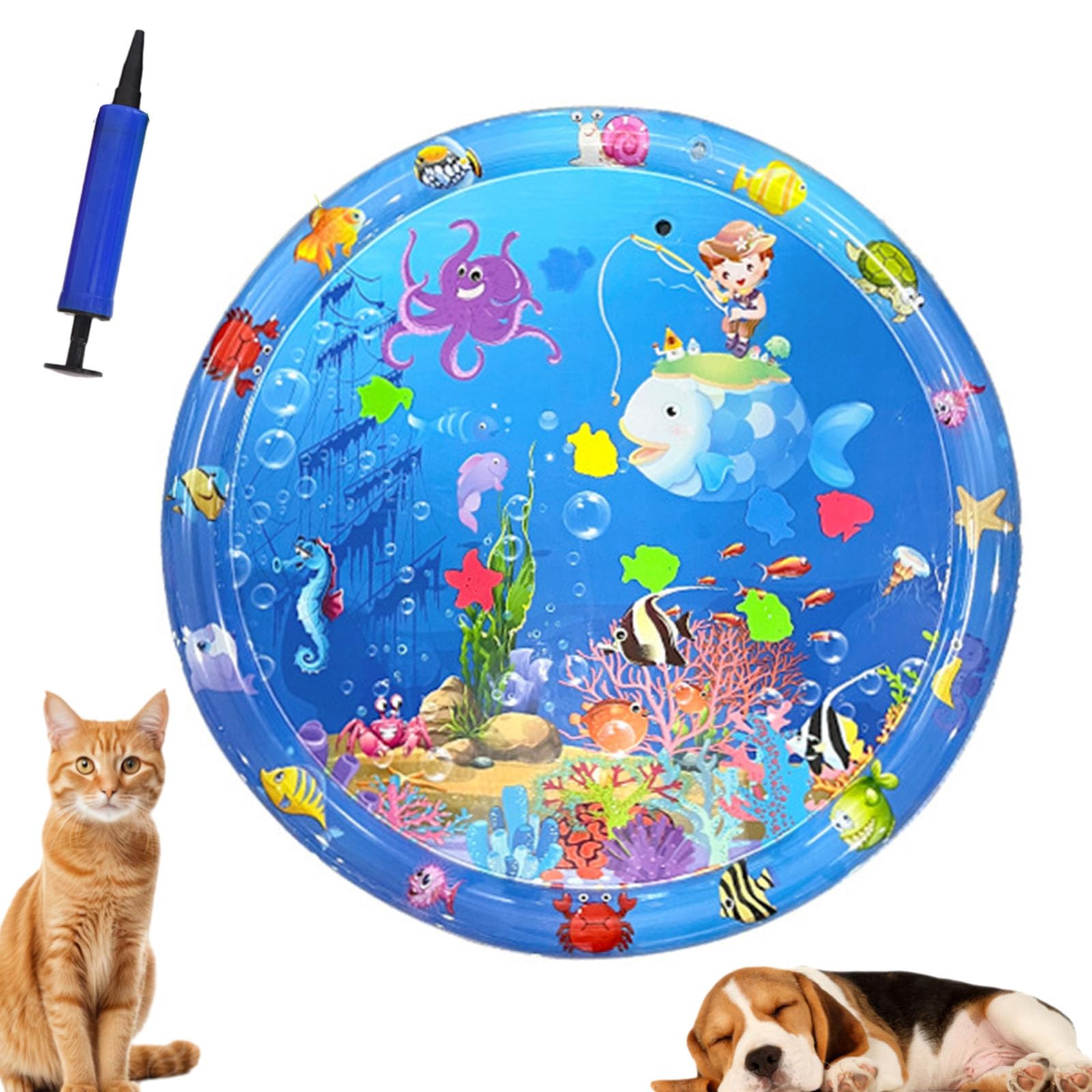 Pet Water Play Mat, Ocean Splashland for Cats, Cat Water Mat, Inflatable Sensory Pad with Fish Toys, Pvc Cooling Mat for Summer Heat, Interactive Toy for Indoor & Outdoor Use (C-100, 100cm)