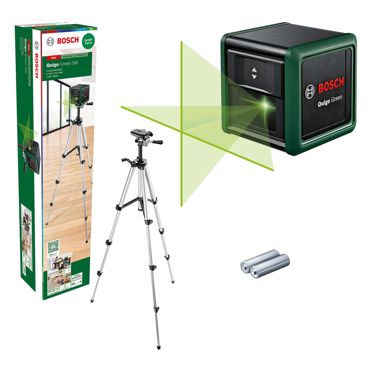 Bosch Nivel Láser de Líneas Cruzadas Quigo verde con trípode (láser verde para mejor visibilidad, carcasa de plástico reciclado, en caja de cartón)