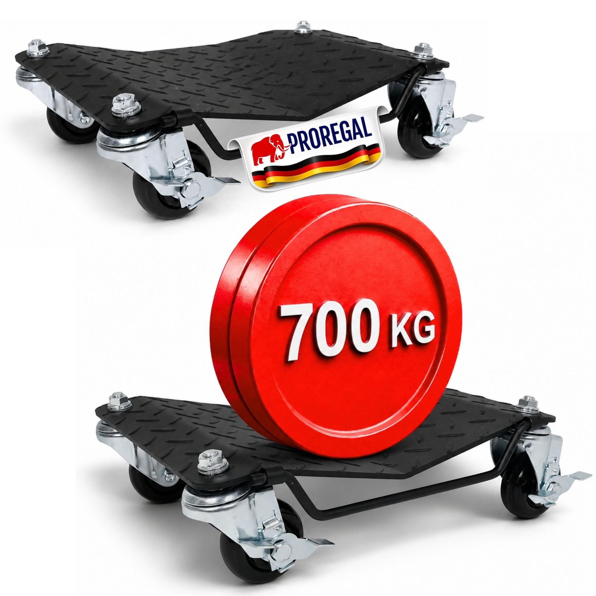 PROREGAL Rangierhilfe Titan für PKW Auto Motorrad | Set 2 Stück jeweils 700 kg, insgesamt 1400 kg Traglast | mit Bremsen & Schwenkgriff | Stahl | Rangierroller Rangierheber Wagenheber Roller V Form