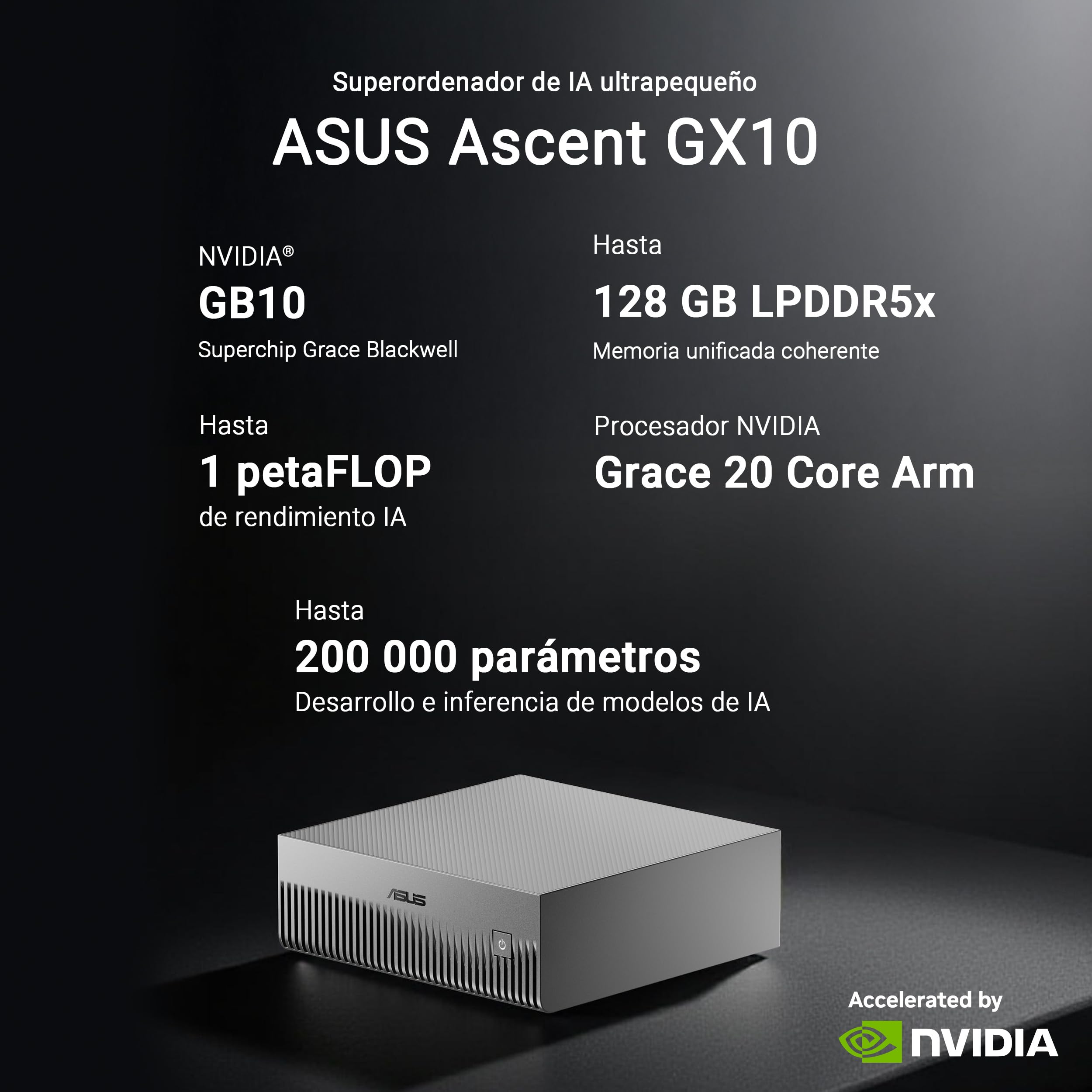 ASUS Ascent GX10 Ordenador de sobremesa 128GB LPDDR5X 1TB SSD NVIDIA GB10 Blackwell GPU