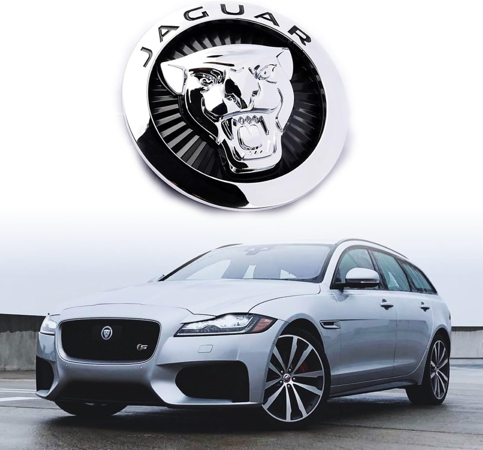 AULPEE Emblem Compatible With XE XF XJ F-Type F-PACE - Front Center Grille Badge 3.38inch Car Accessories (Front Black-Chrome)