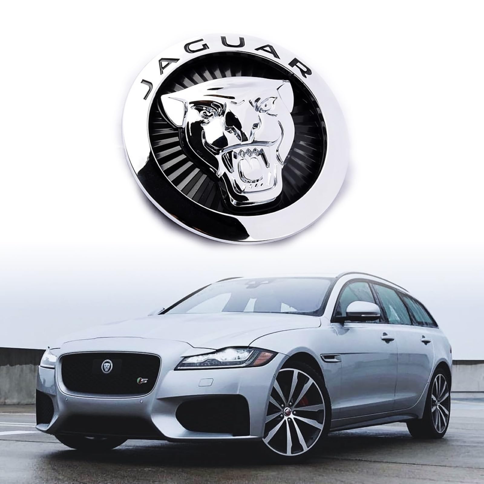 AULPEE Emblem Compatible With XE XF XJ F-Type F-PACE - Front Center Grille Badge 3.38inch Car Accessories (Front Black-Chrome)