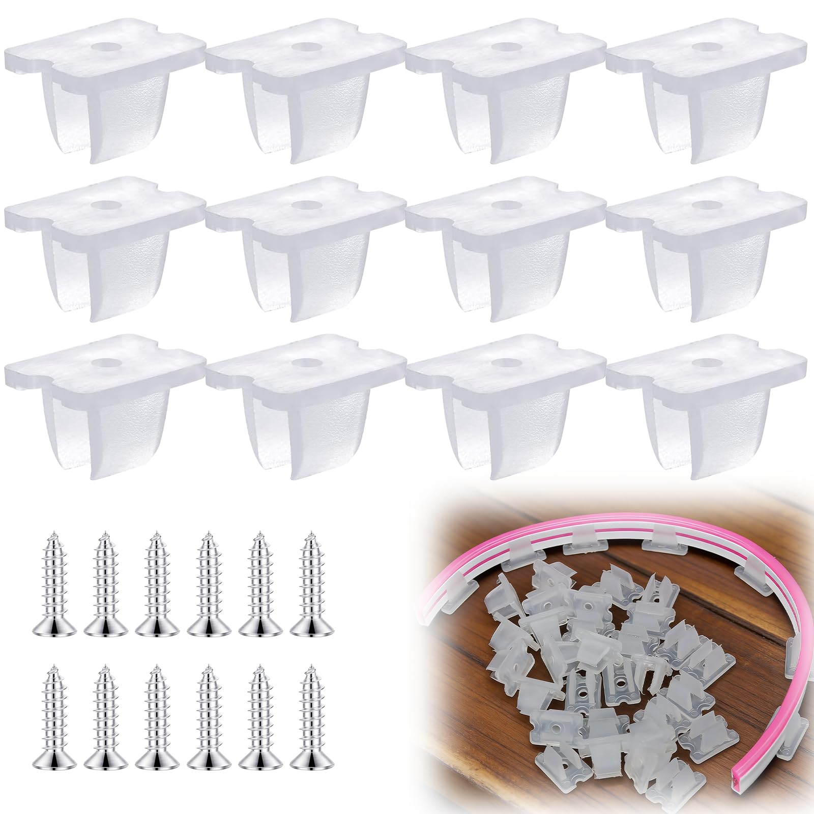 100 PCS LED Light Strip Clips, Waterproof Light Strip Mounting Holder with 100Pcs Screws, for LED Neon Rope Light Strips, Under Cabinet Lighting, Fixing Clamps