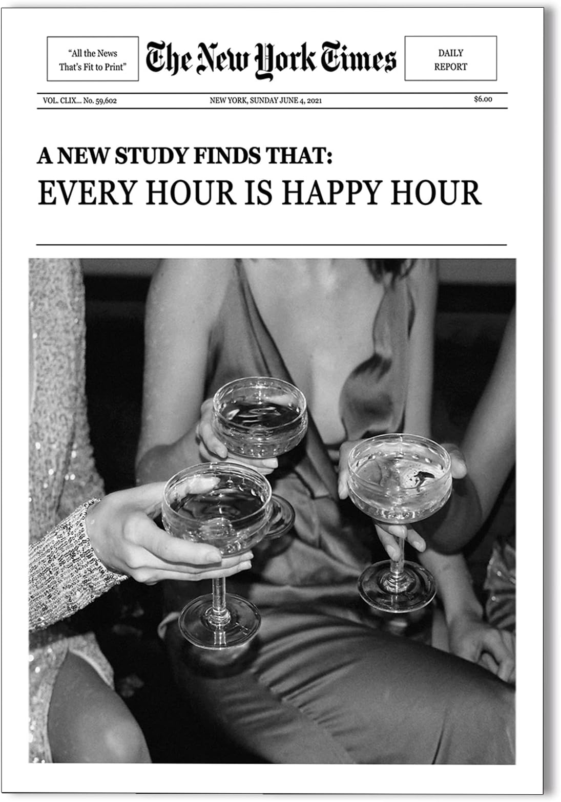 XMQQLLVintage Newspaper Canvas Wall Art Trendy Black White Girls Cocktail Cheers Prints Aesthetic Posters Every Hour Is Happy Hour Cool Headline Quotes Girly Decor 12x16in Unframed