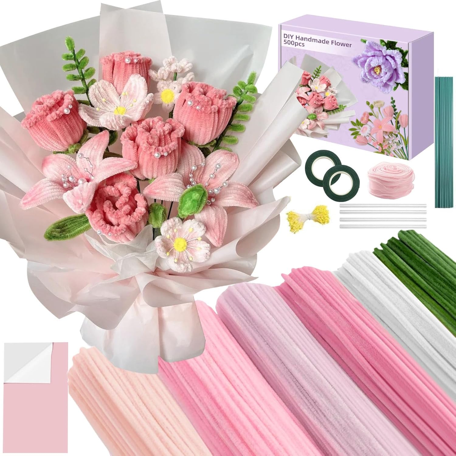 500 Pcs Pipe Cleaners Craft，Pipe Cleaner Bulk Flower Kit，6 Colors Chenille Stems Flower Kit for DIY Handmade Whit Ribbons，Stems,Tape，Stamens, Glue Sticks，Gift for Art Project Activity (Blue)