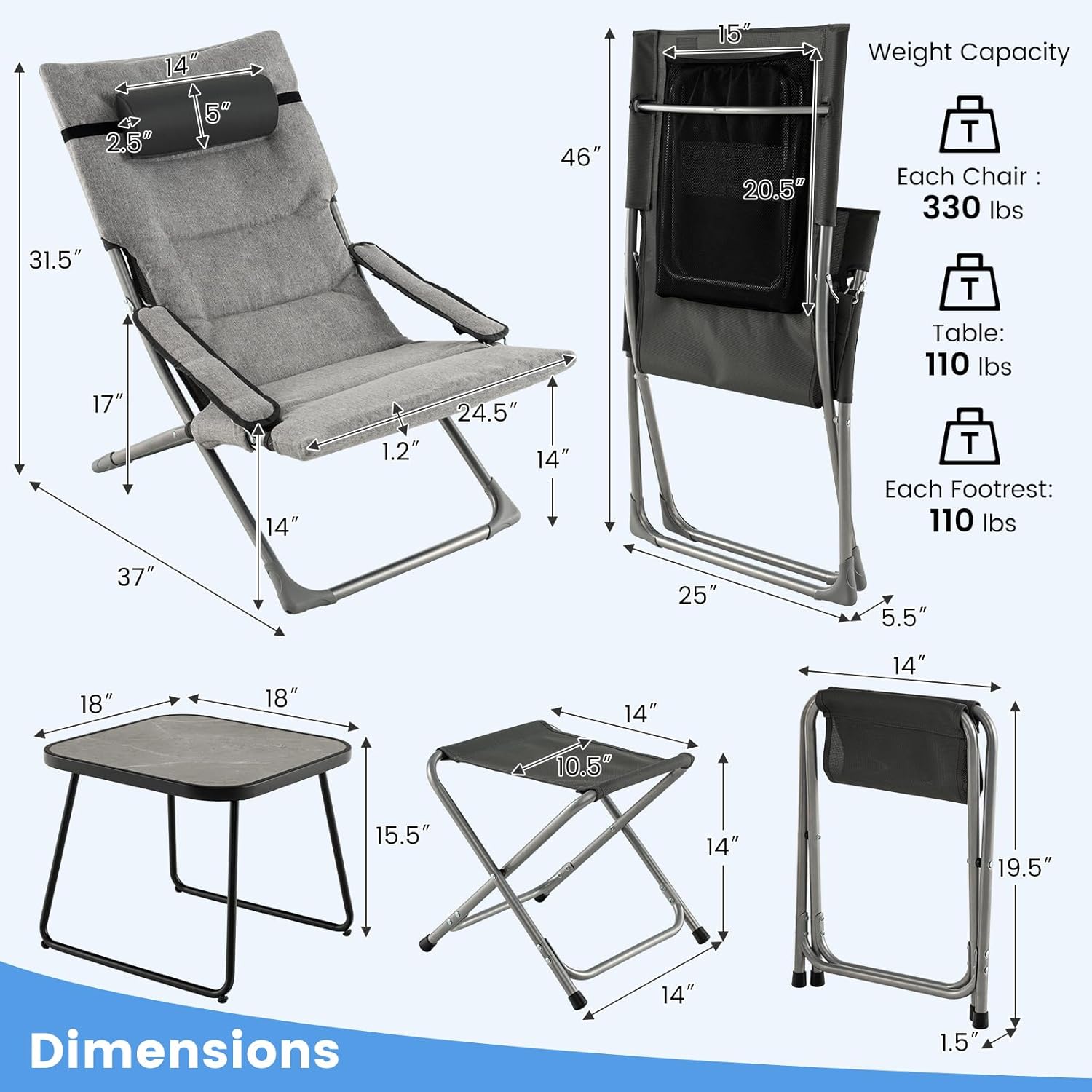 Detailed dimensions and weight capacities for the patio set components