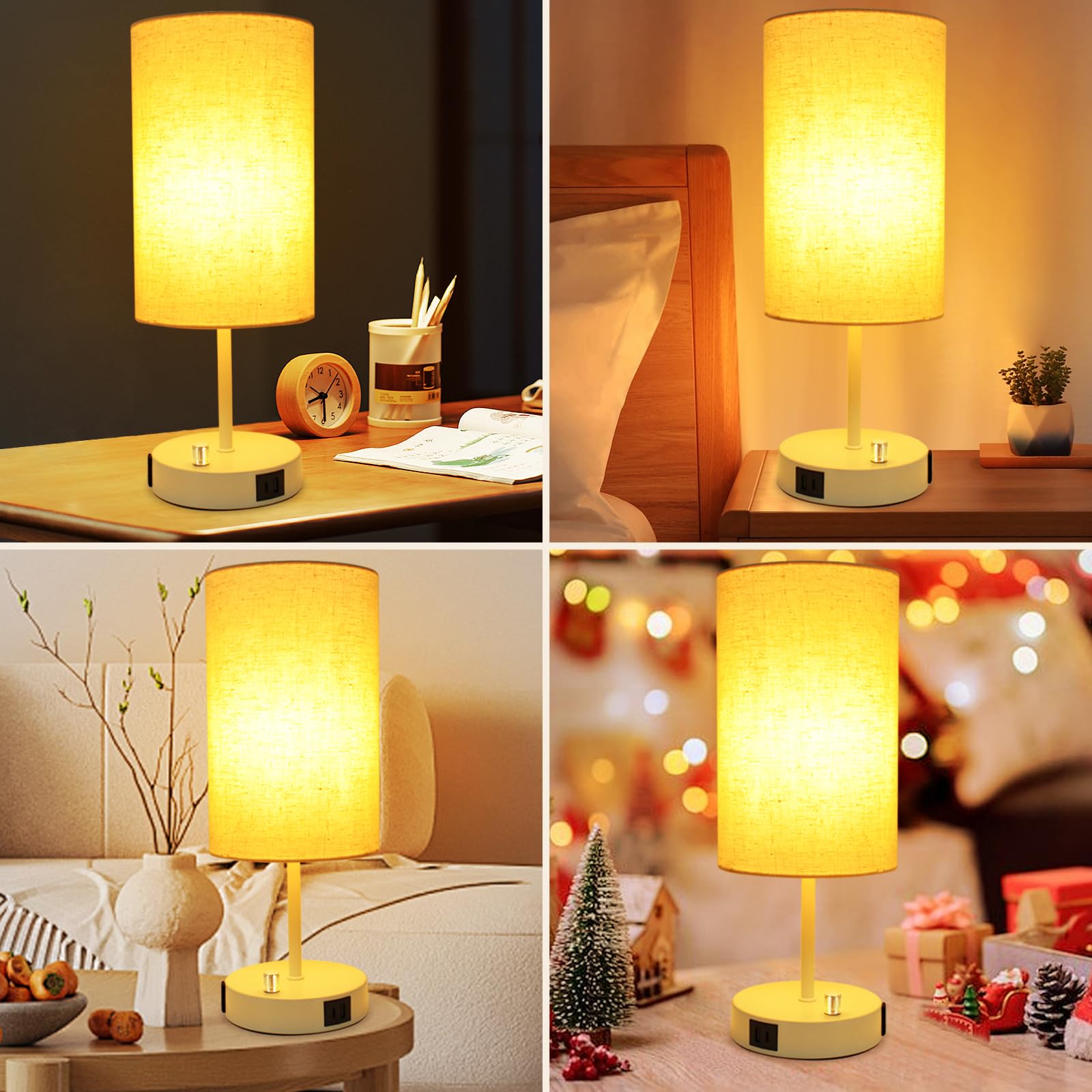 LTBLIGHT Nachttischlampe mit USB-Anschluss und AC-Steckdose, 3-fach dimmbar, Nachttisch-Schreibtischlampe, kleine Lampe, weißer Sockel, runder Flachsstoffschirm für Wohnzimmer, Schreibtisch (7 W, 800