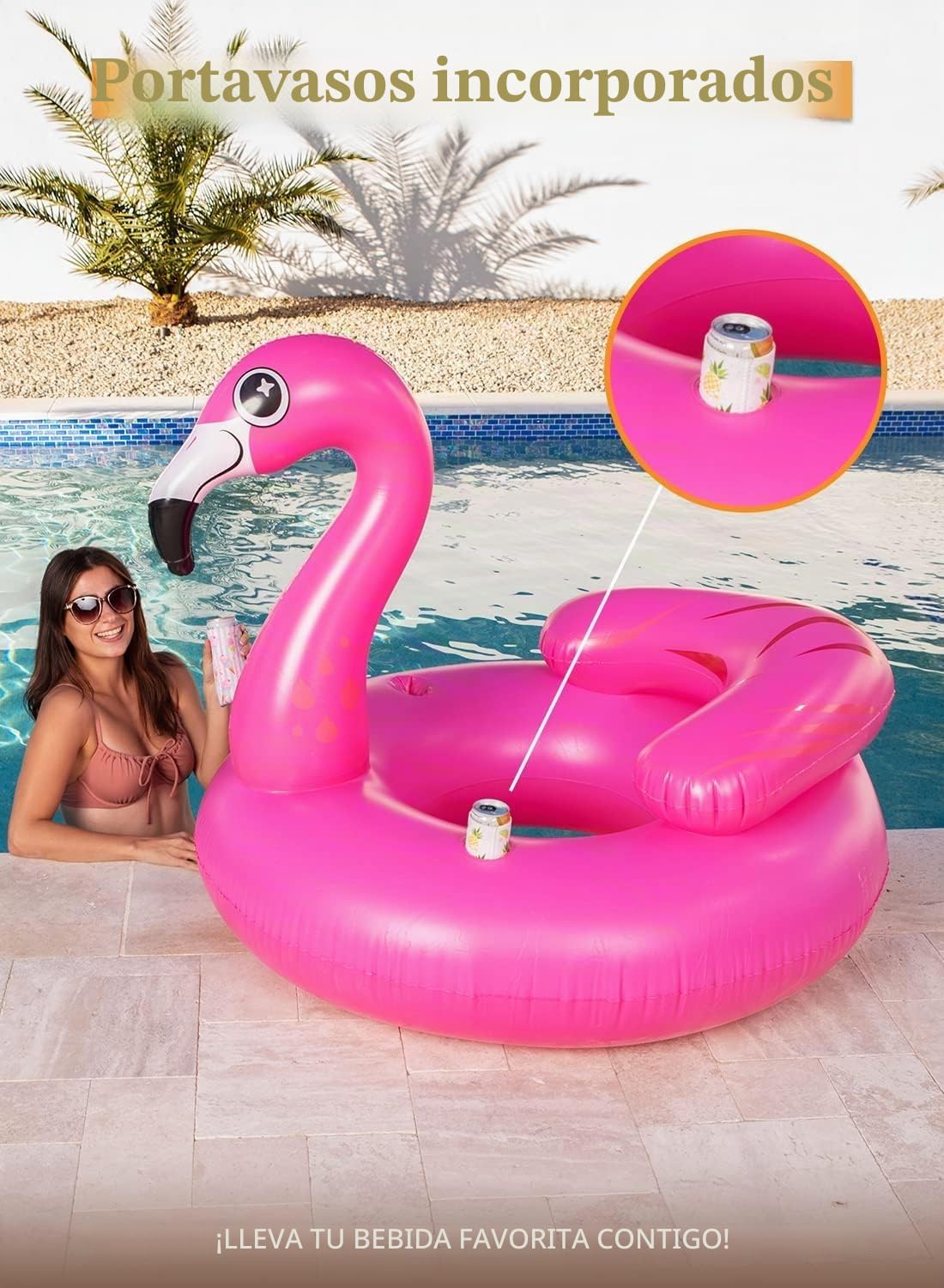 JOYIN 112 cm / 45" Flotador hinchable de flamenco para piscina, balsa de piscina de aire con enfriador, flotador de agua para piscina, colchón de aire para piscina con soporte para bebidas, juguete