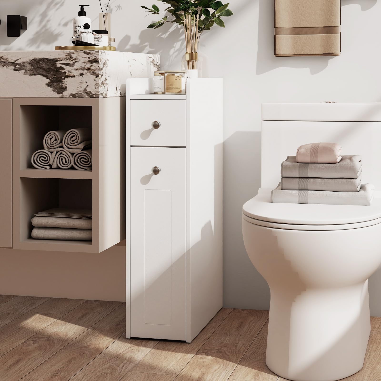 COSTWAY Mobile da Bagno Piccolo, Mobiletto Salvaspazio Stretto a 4 Ripiani con Cassetti Estraibili su Ruote, Credenza Sottile da Terra Porta Carta Igienica per Spazi Ridotti (Bianco)