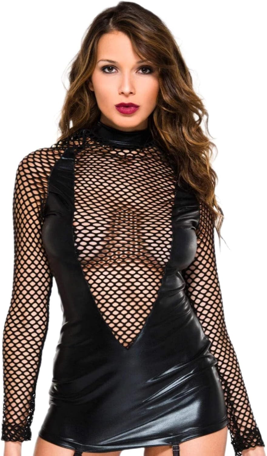 MUSIC LEGS Women's One Size Wet Look and Fishnet Long Sleeve Garter Mini Dress