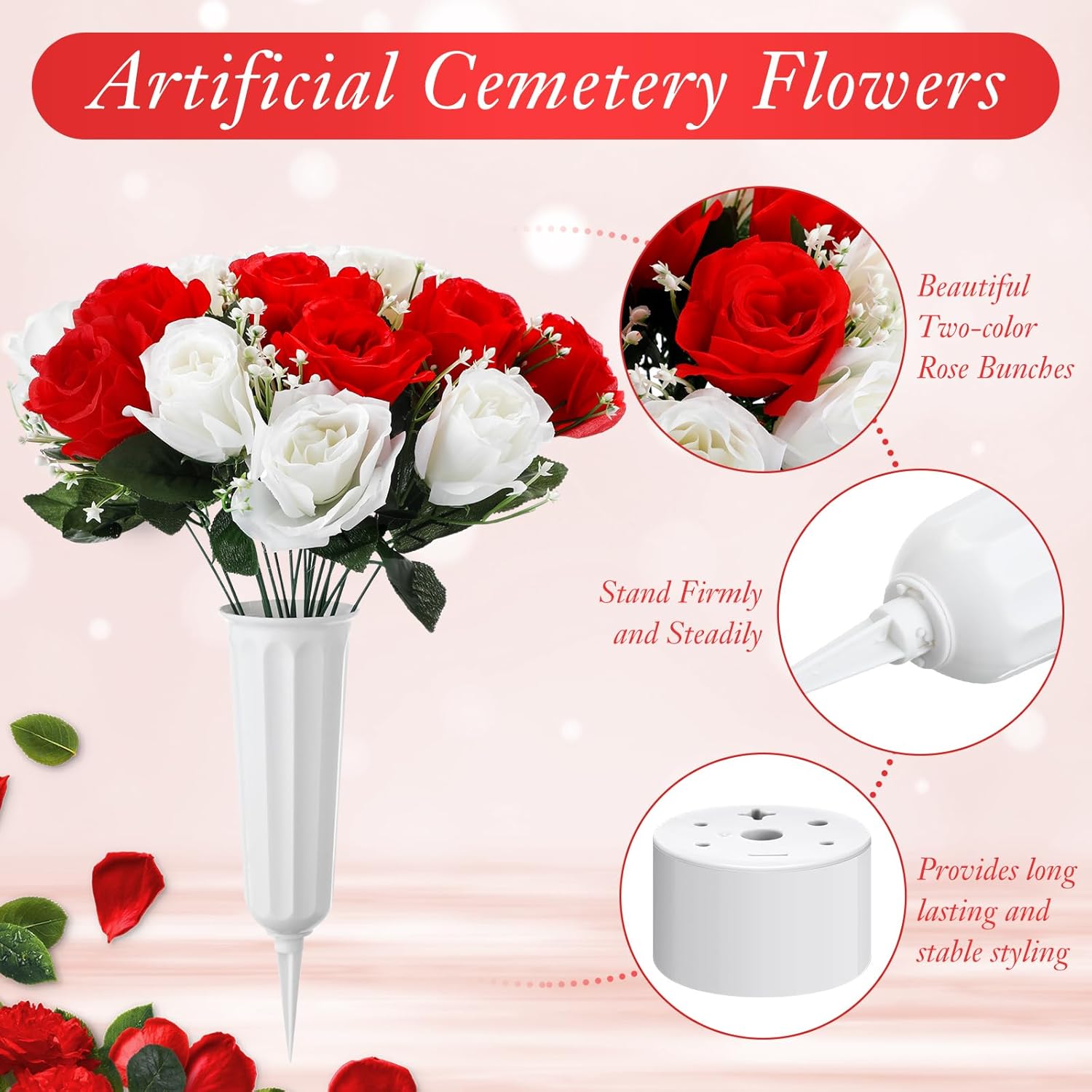 Hotop 2 Sets Memorial Day Flowers for Cemetery Artificial Cemetery Flowers for Grave Funeral Patriotic Arrangements Bouquet Decoration with Vase(Red and White)
