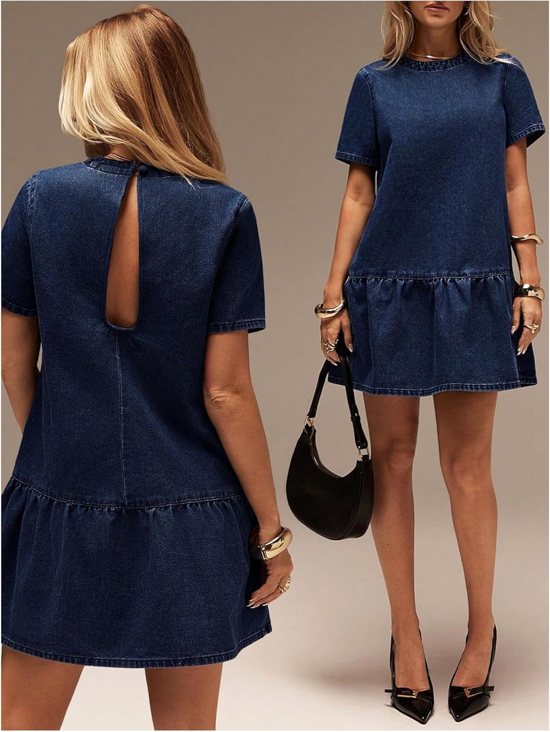Milumia Women's Short Sleeve Denim Mini Dress Cut Out Ruffle Hem A Line Summer Dresses - Image 5