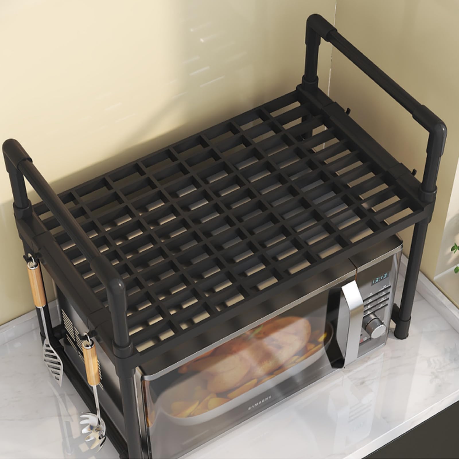 Allungabile Mensola Microonde,Salvaspazio Supporto Per Forno A Microonde,griglia Per Forno,Scaffale Cucina Con Ganci,Mensola Cucina Per Mettere Piatti E Ciotole (Nero)